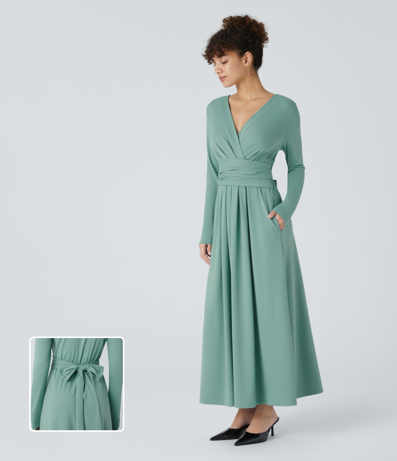 Halara  V Neck Long Sleeve Side Pocket Tie Back Plicated Casual Dress Casual Dress - Azure - XL slip dress beach dress ruched dress 