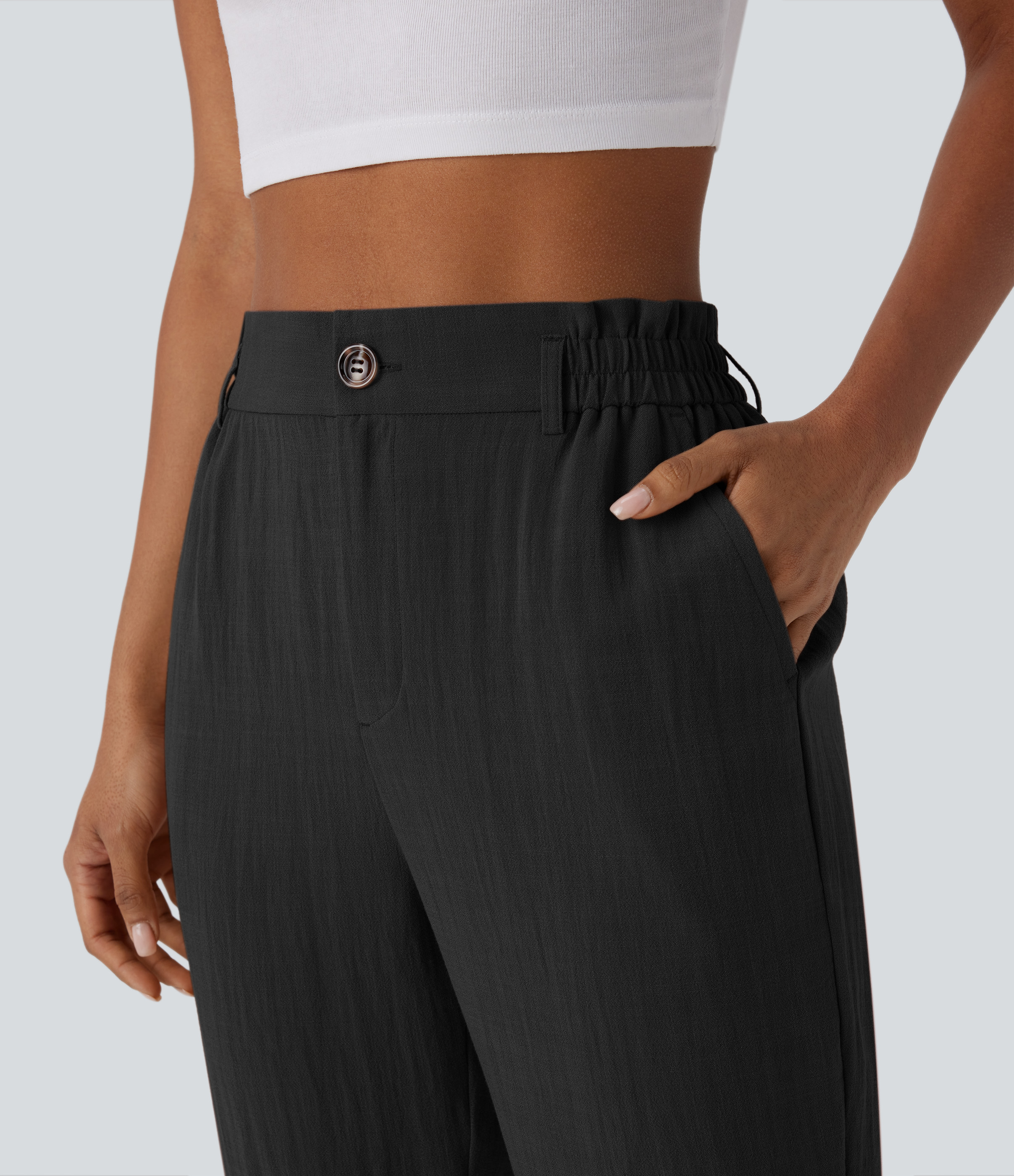 Halara High Waisted Button Zipper Side Pocket Capri Resort Linen-Feel Pants  - Black - XL(regular) sweatpants jogger pants stacked sweatpants 