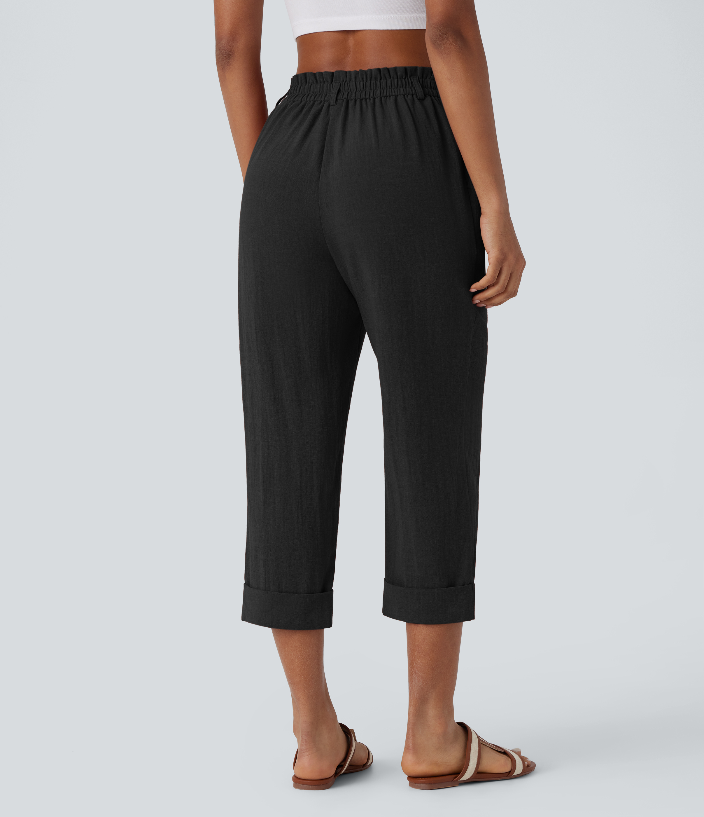 Halara High Waisted Button Zipper Side Pocket Capri Resort Linen-Feel Pants  - Black - XL(regular) sweatpants jogger pants stacked sweatpants 