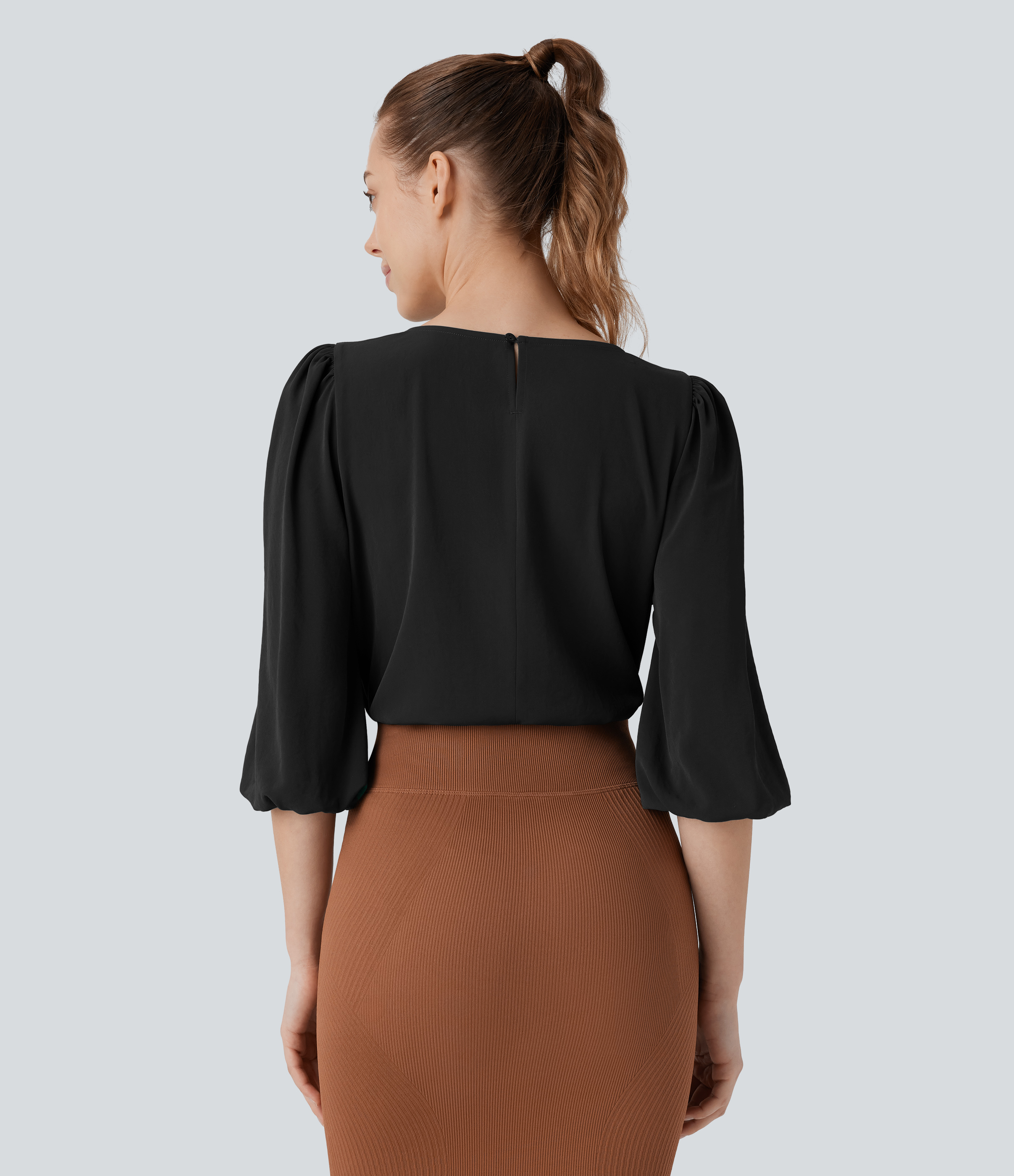 Halara Boat Neck Keyhole Back Bishop Sleeve Work Blouse  - Black - S 