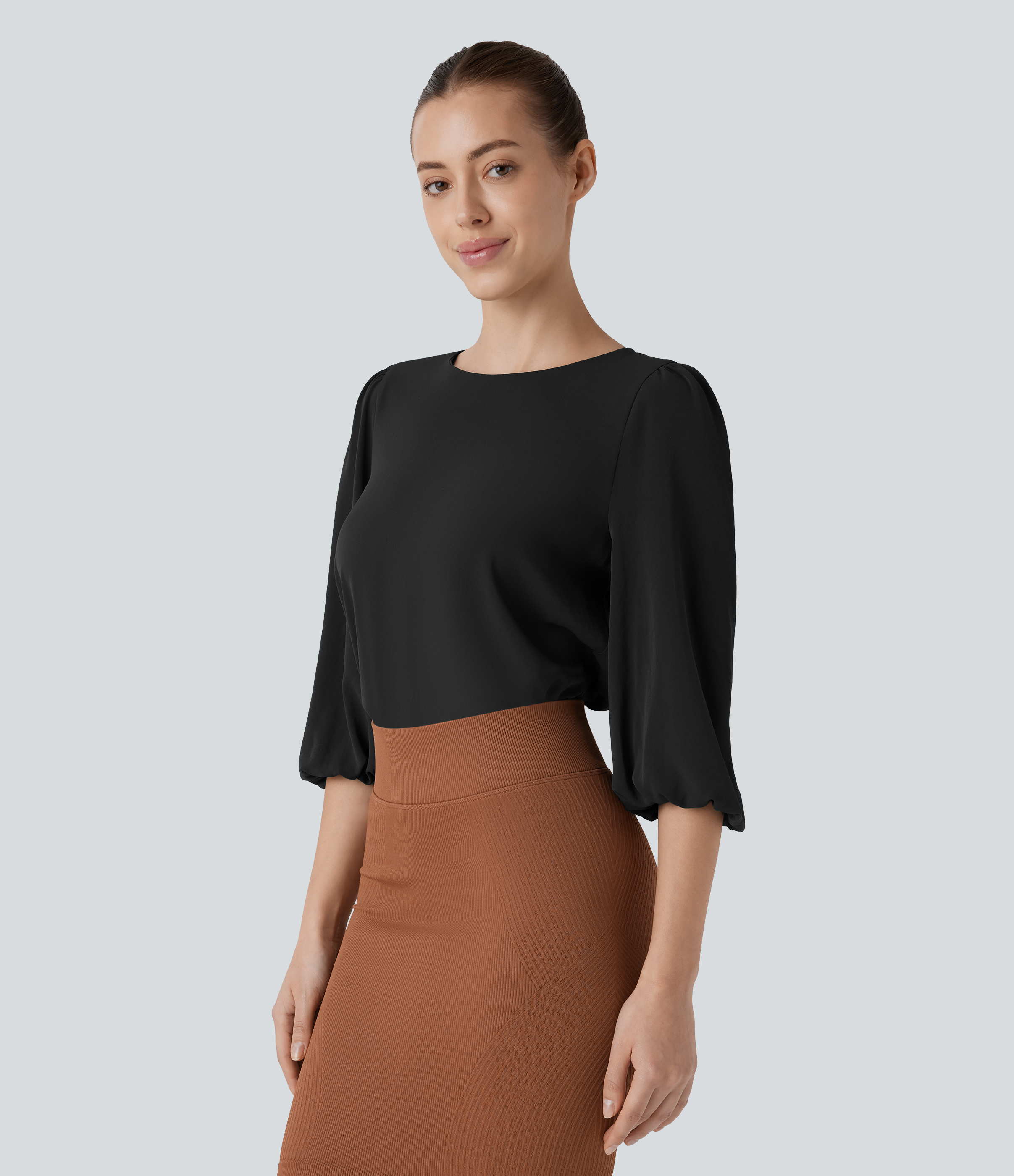 Halara Boat Neck Keyhole Back Bishop Sleeve Work Blouse  - Black - S 