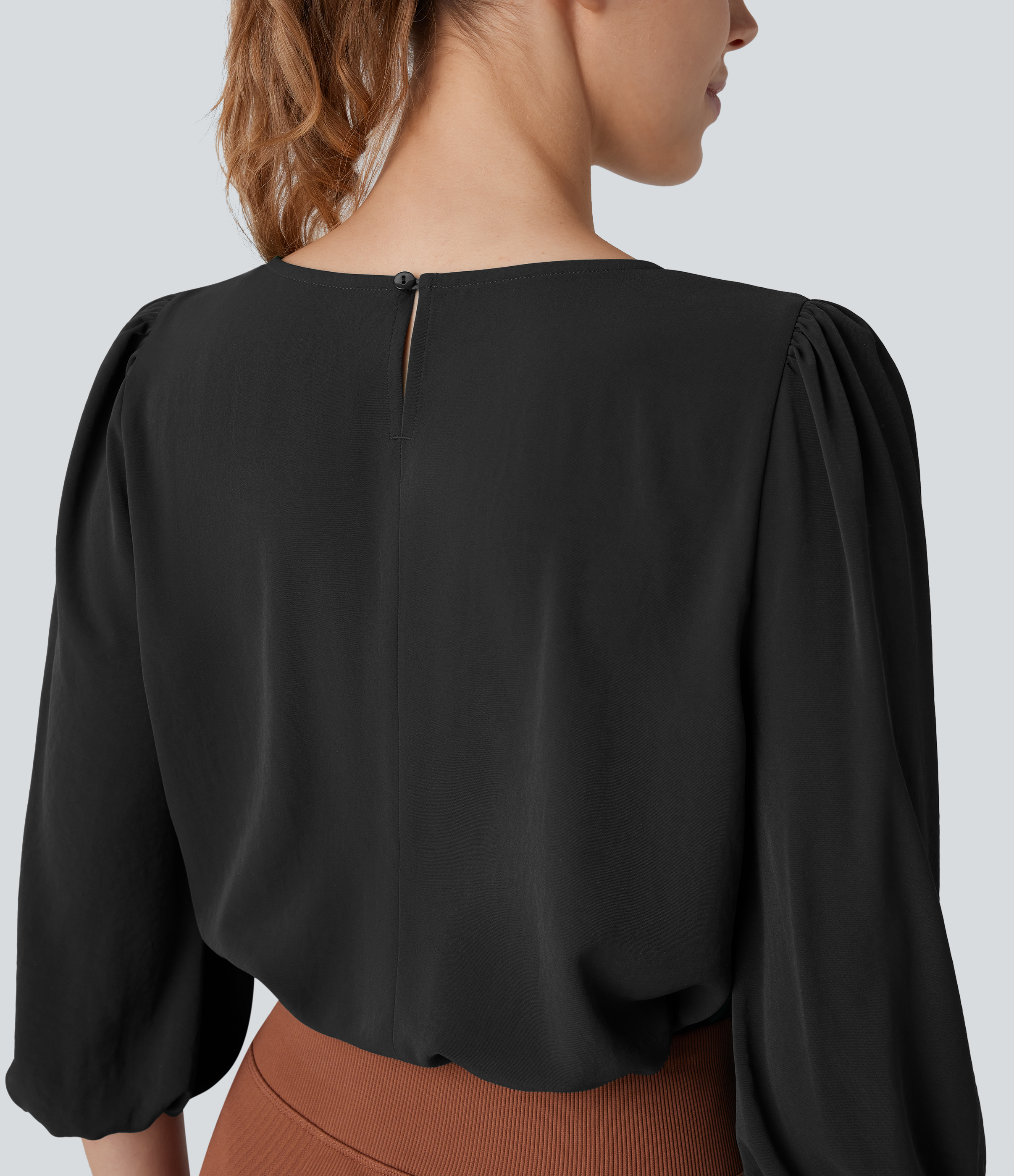 Halara Boat Neck Keyhole Back Bishop Sleeve Work Blouse  - Black - S 