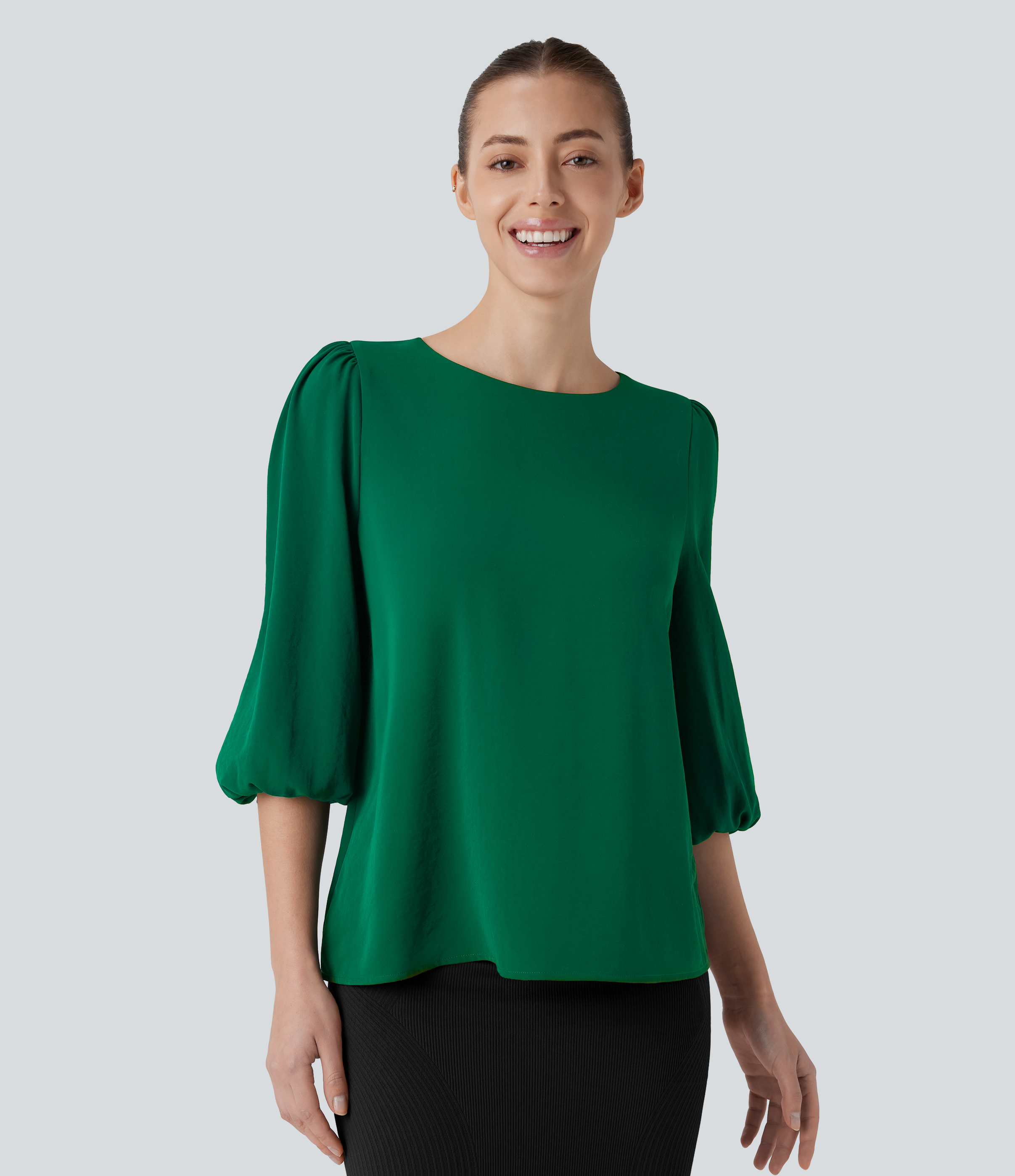 Halara Boat Neck Keyhole Back Bishop Sleeve Work Blouse  - Green Jacket - S 
