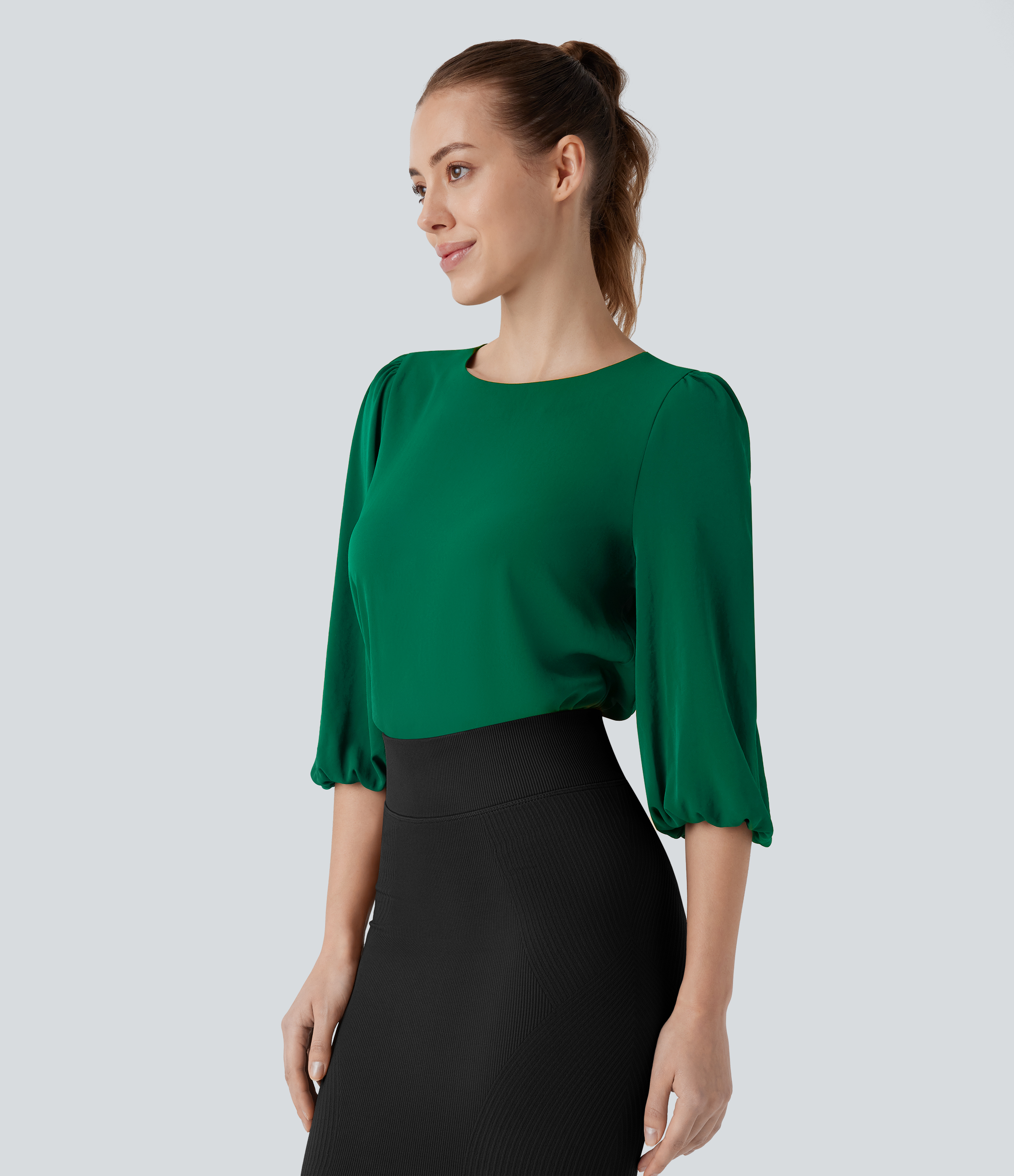 Halara Boat Neck Keyhole Back Bishop Sleeve Work Blouse  - Green Jacket - S 