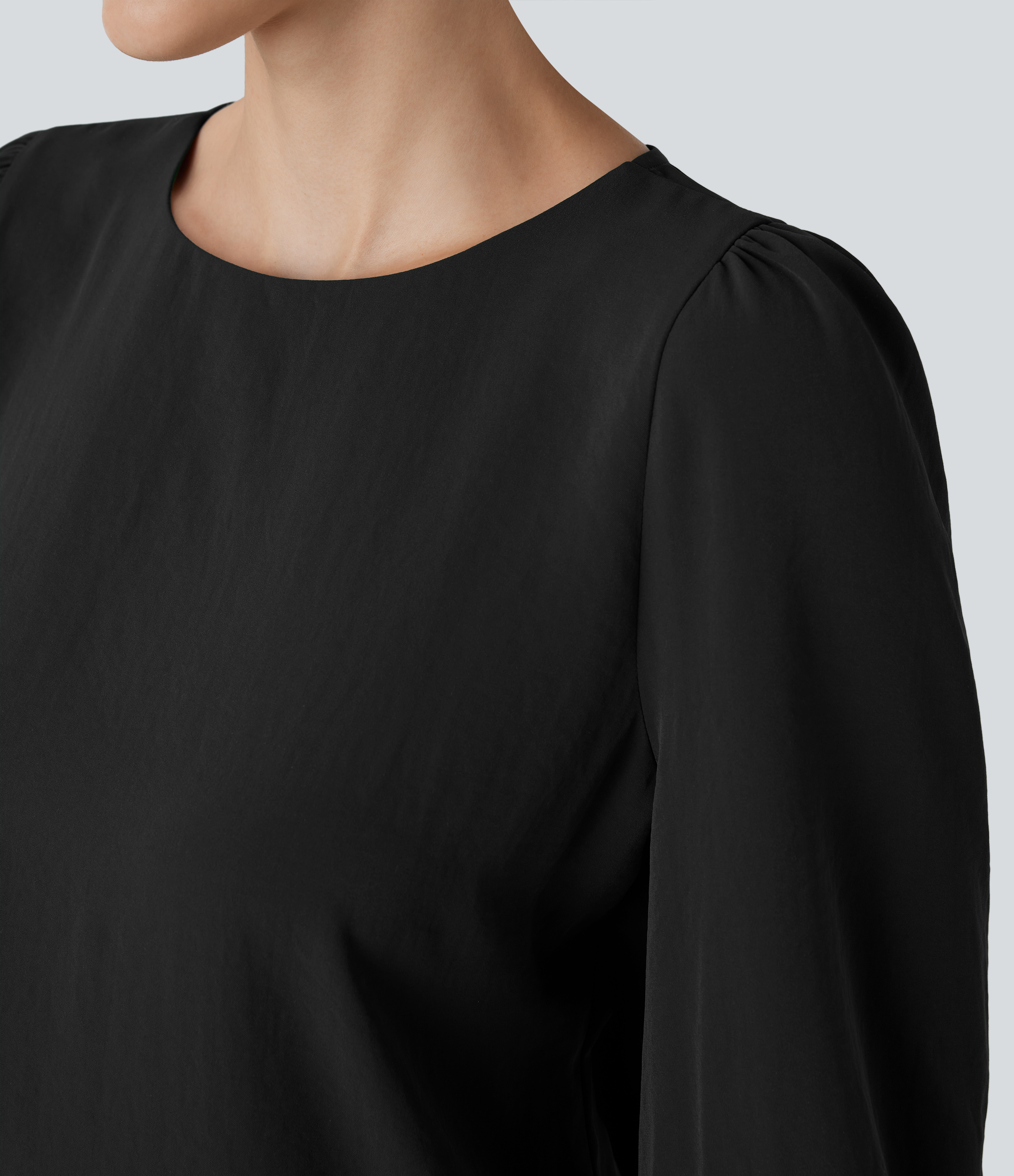 Halara Boat Neck Keyhole Back Bishop Sleeve Work Blouse  - Black - S 