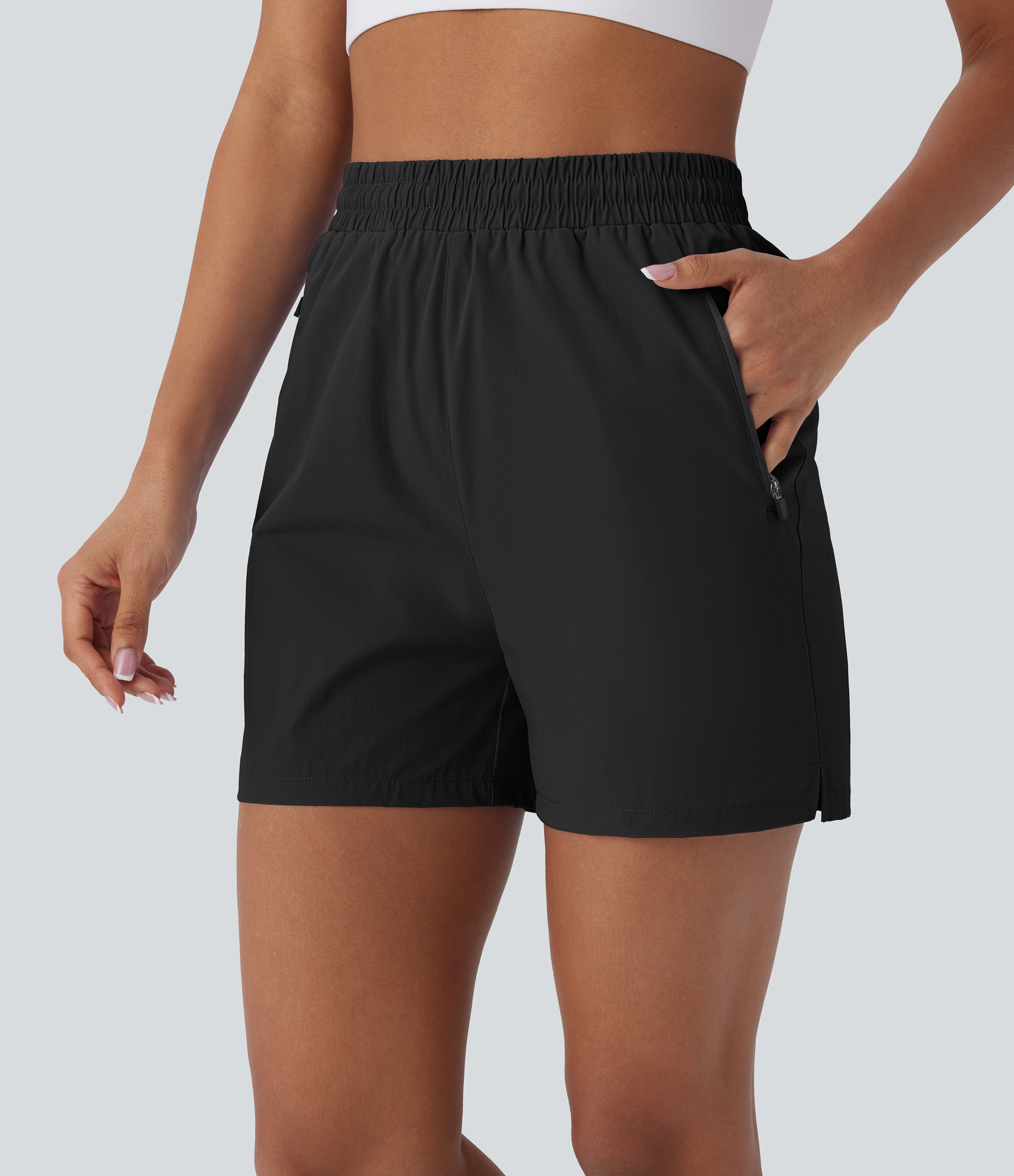 Halara Water Repellent Wear-Resistant High Waisted Inside Drawstring Multiple Zipper Pockets Split Hiking Shorts Gym Short - Black - M 