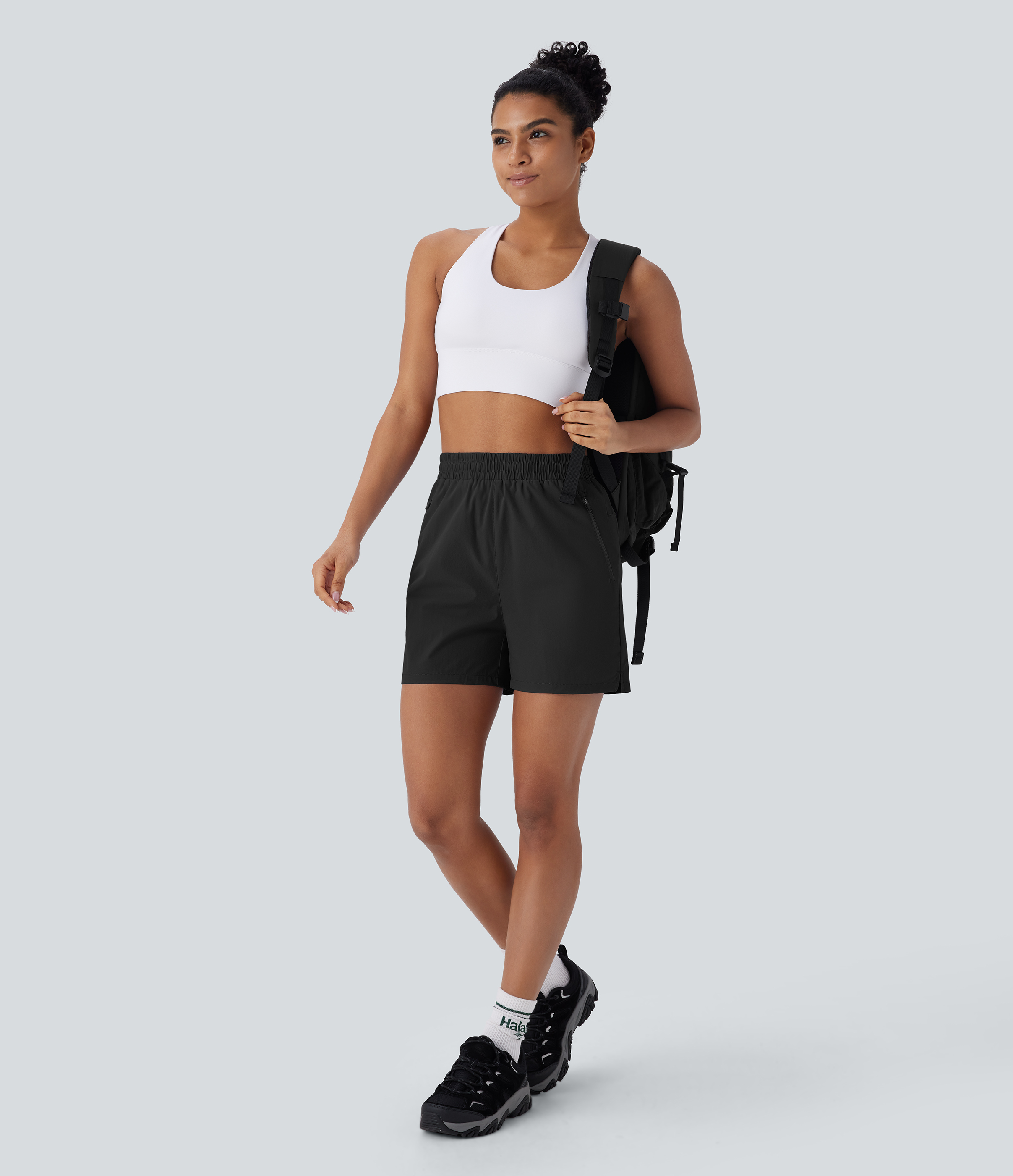 Halara Water Repellent Wear-Resistant High Waisted Inside Drawstring Multiple Zipper Pockets Split Hiking Shorts Gym Short - Black - M 