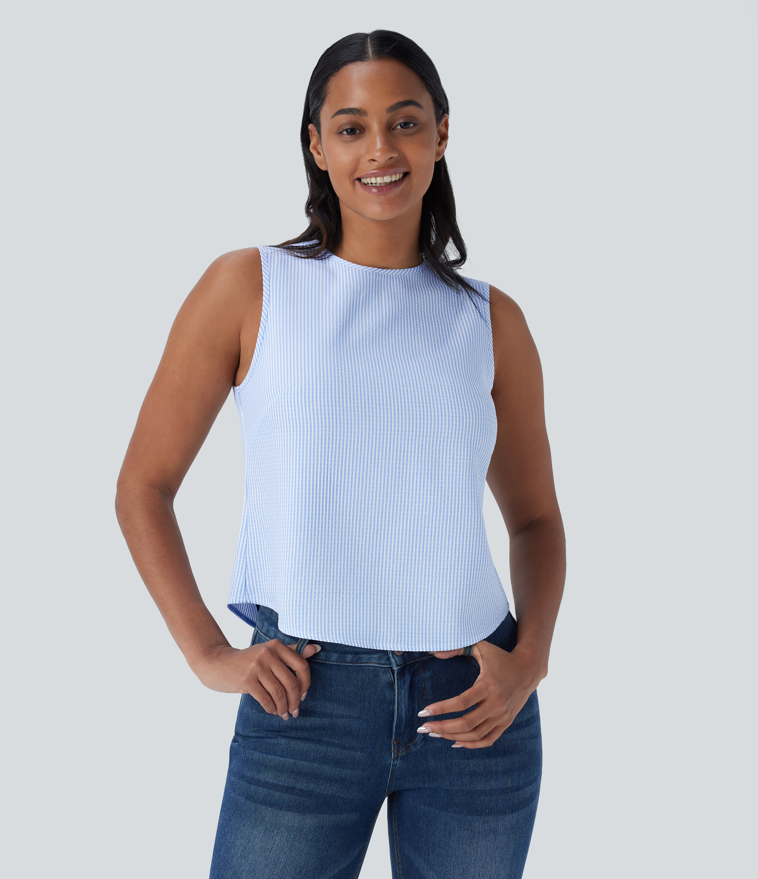 Halara Round Neck Sleeveless Tie Back Casual Top Tank Top - Azure White Stripe - XS golf tops halter top tunic tops sleeveless tops 