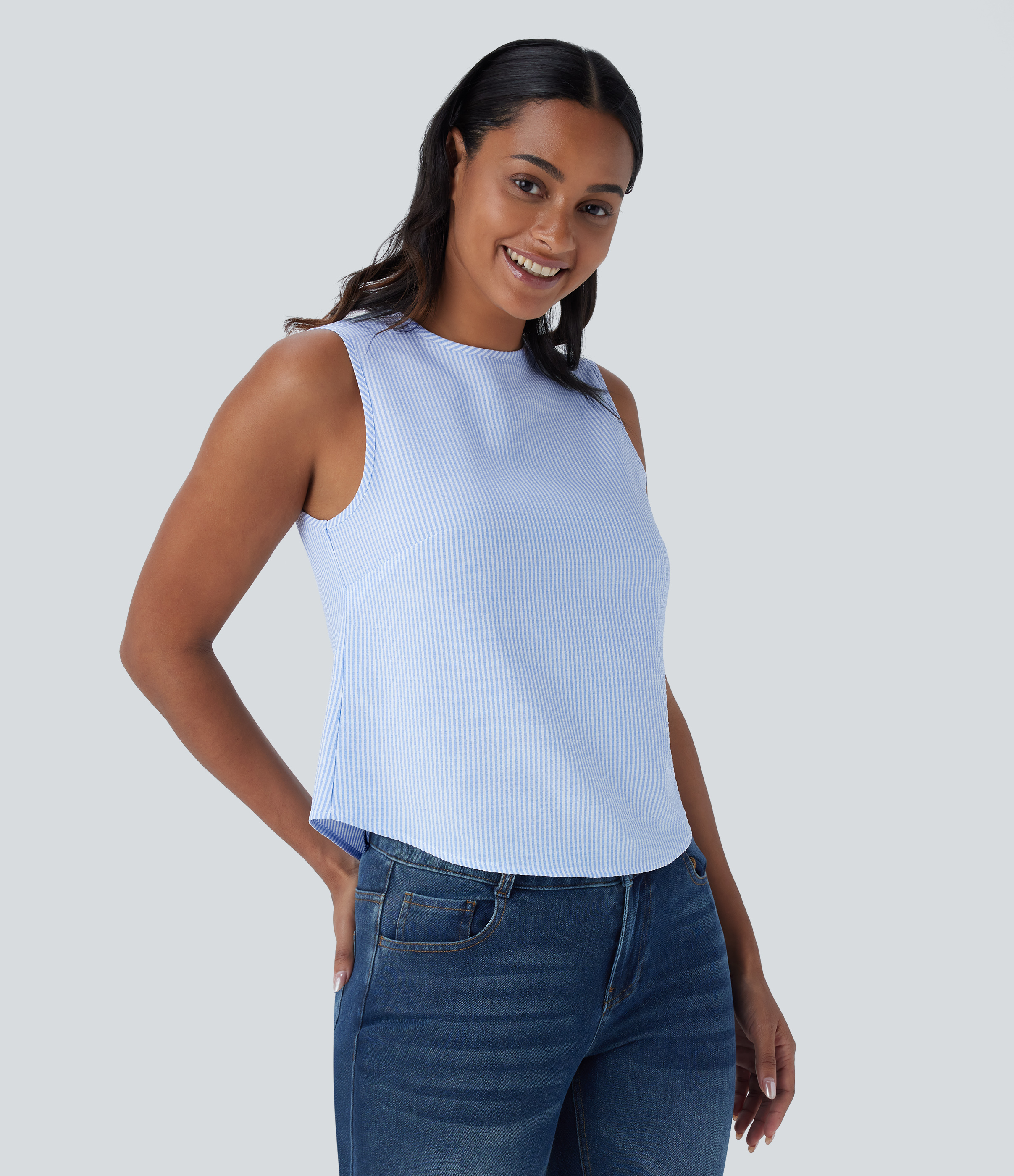 Halara Round Neck Sleeveless Tie Back Casual Top Tank Top - Azure White Stripe - XS golf tops halter top tunic tops sleeveless tops 