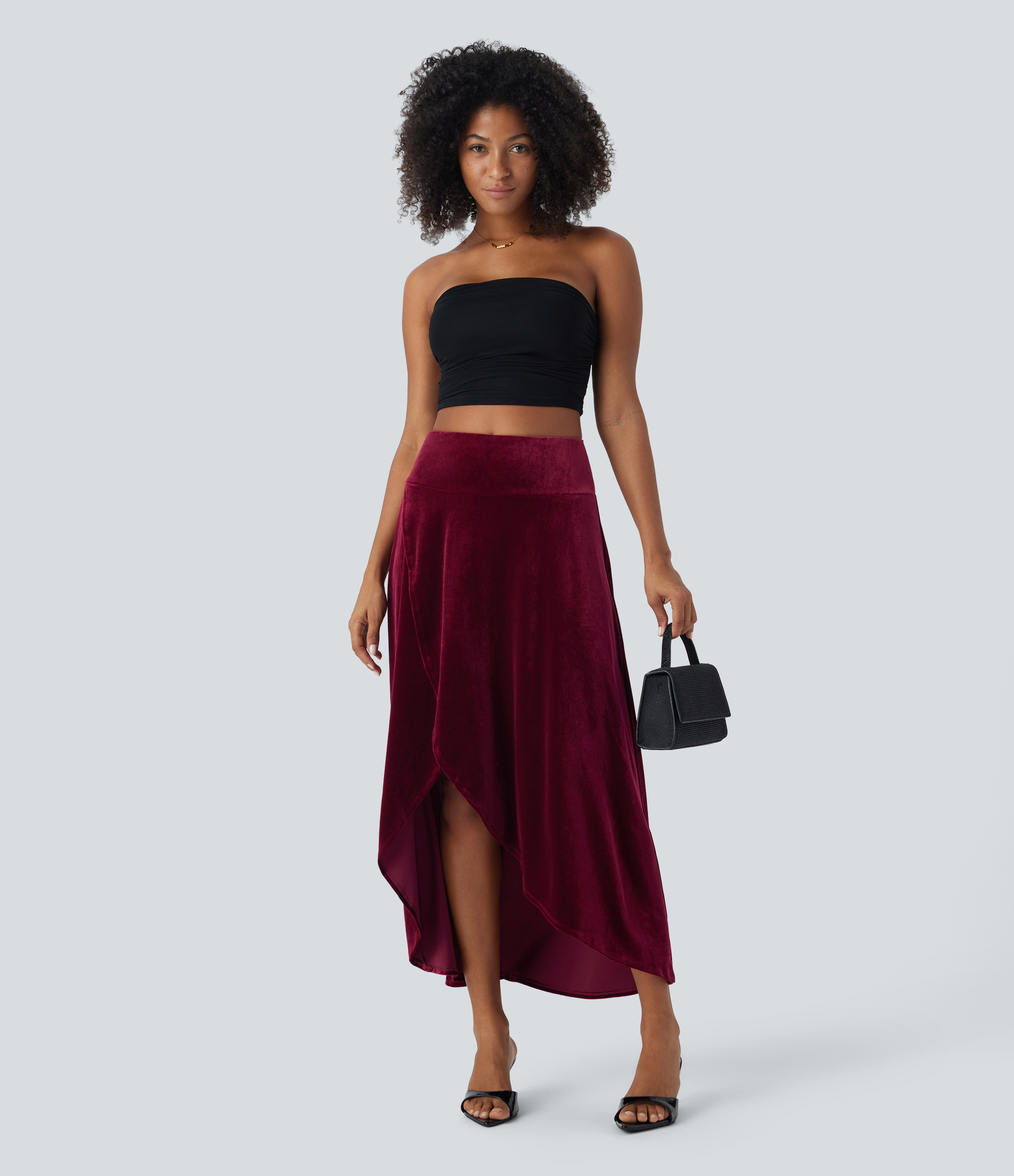 Halara High Waisted High Low Crossover 2-in-1 Velvet Maxi Party Skirt  - Sangria - XL(regular) 
