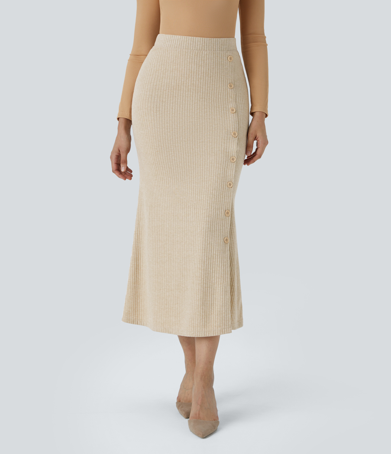 Halara Ribbed Knit High Waisted Adjustable Button Split Bodycon Maxi Casual Skirt  - Fog - M(regular) 