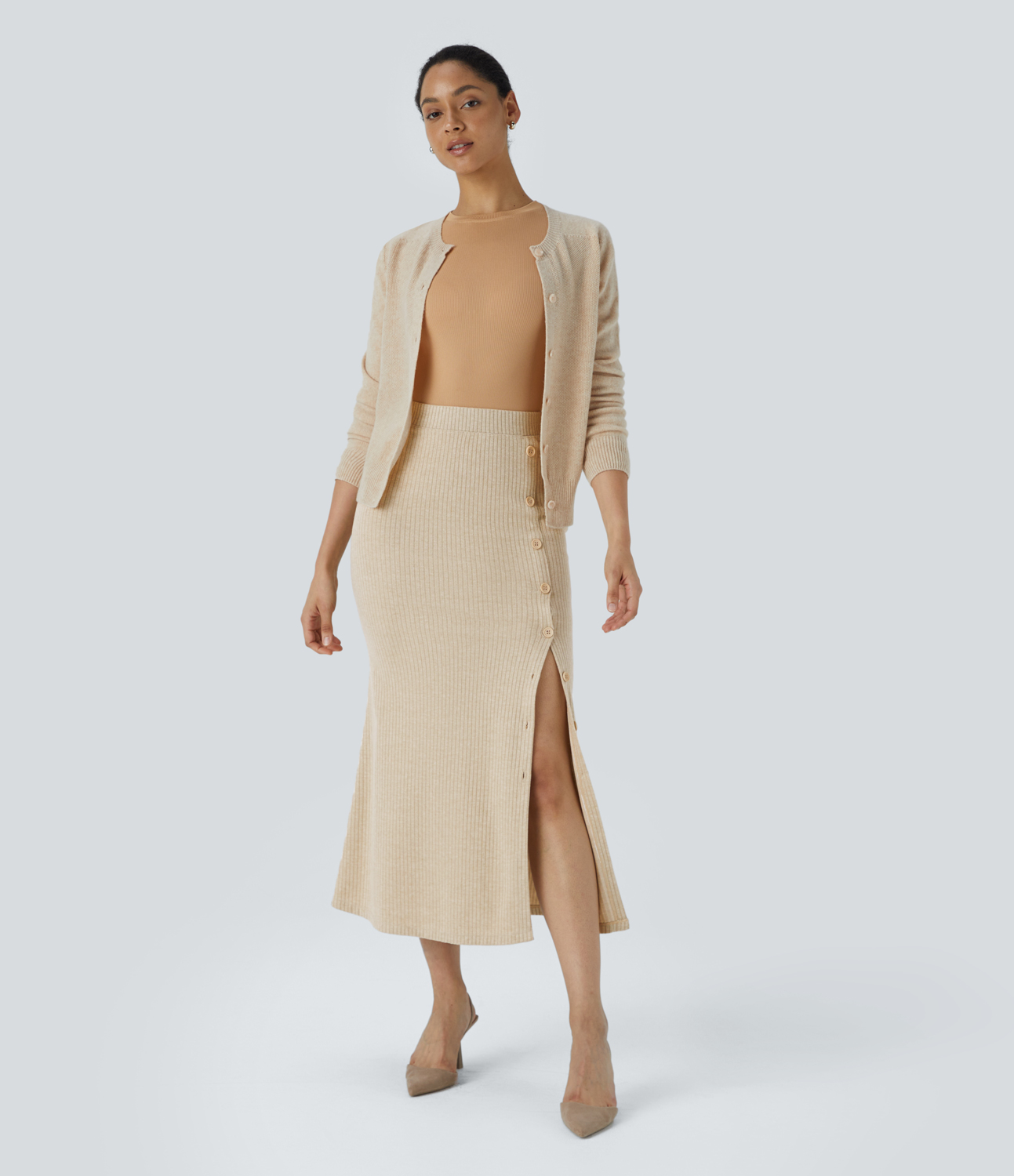 Halara Ribbed Knit High Waisted Adjustable Button Split Bodycon Maxi Casual Skirt  - Fog - M(regular) 