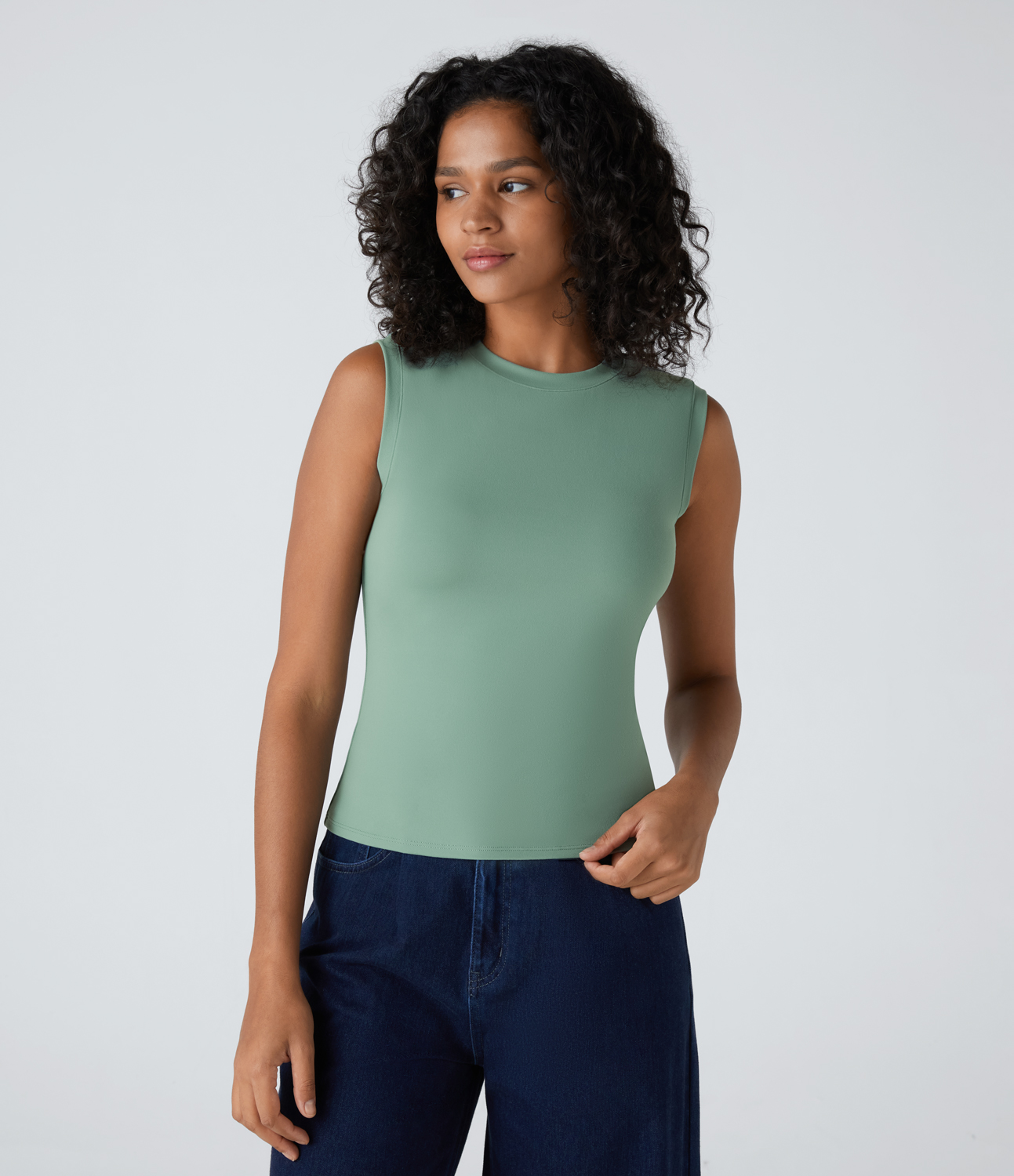 Halara Round Neck Plain Skinny Casual Tank Top Tank Top - Hedge Green - M golf tops halter top tunic tops sleeveless tops backless top 