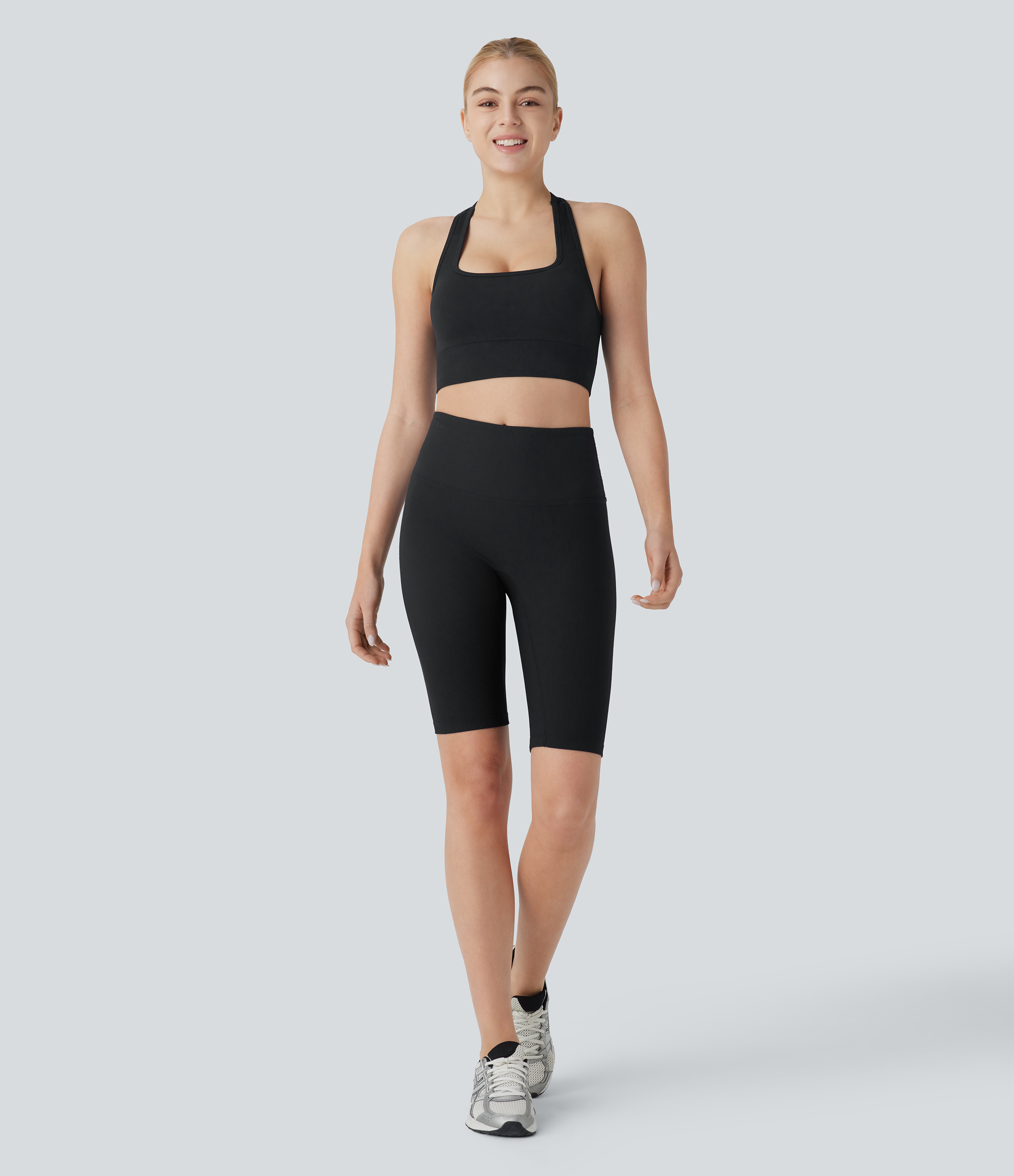 Halara Seamless Flow Square Neck Racerback Adjustable Buckle Skinny Cropped Workout Tank Top Tank Top - Black - S golf tops halter top 