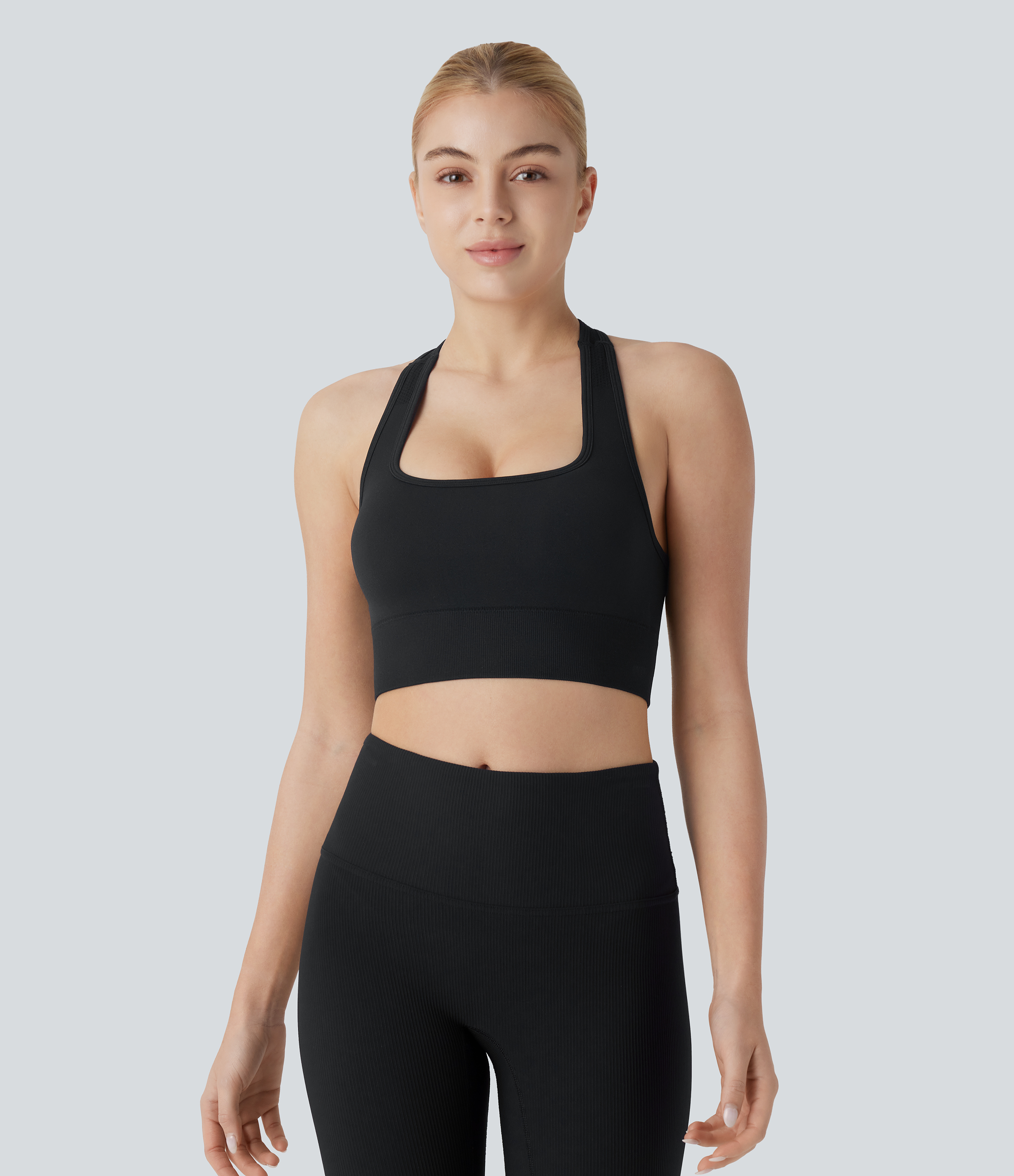 Halara Seamless Flow Square Neck Racerback Adjustable Buckle Skinny Cropped Workout Tank Top Tank Top - Black - S golf tops halter top 