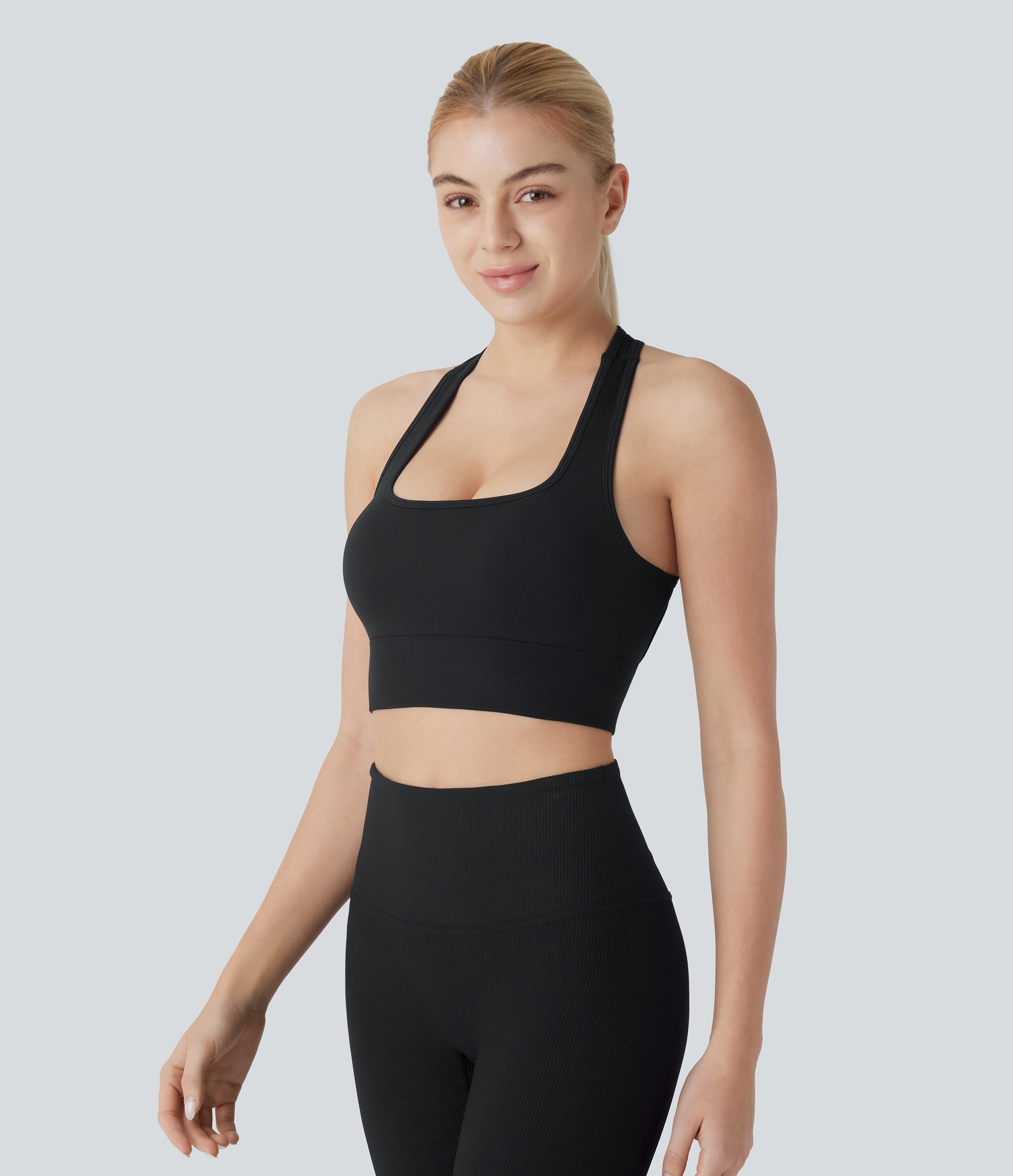 Halara Seamless Flow Square Neck Racerback Adjustable Buckle Skinny Cropped Workout Tank Top Tank Top - Black - S golf tops halter top 