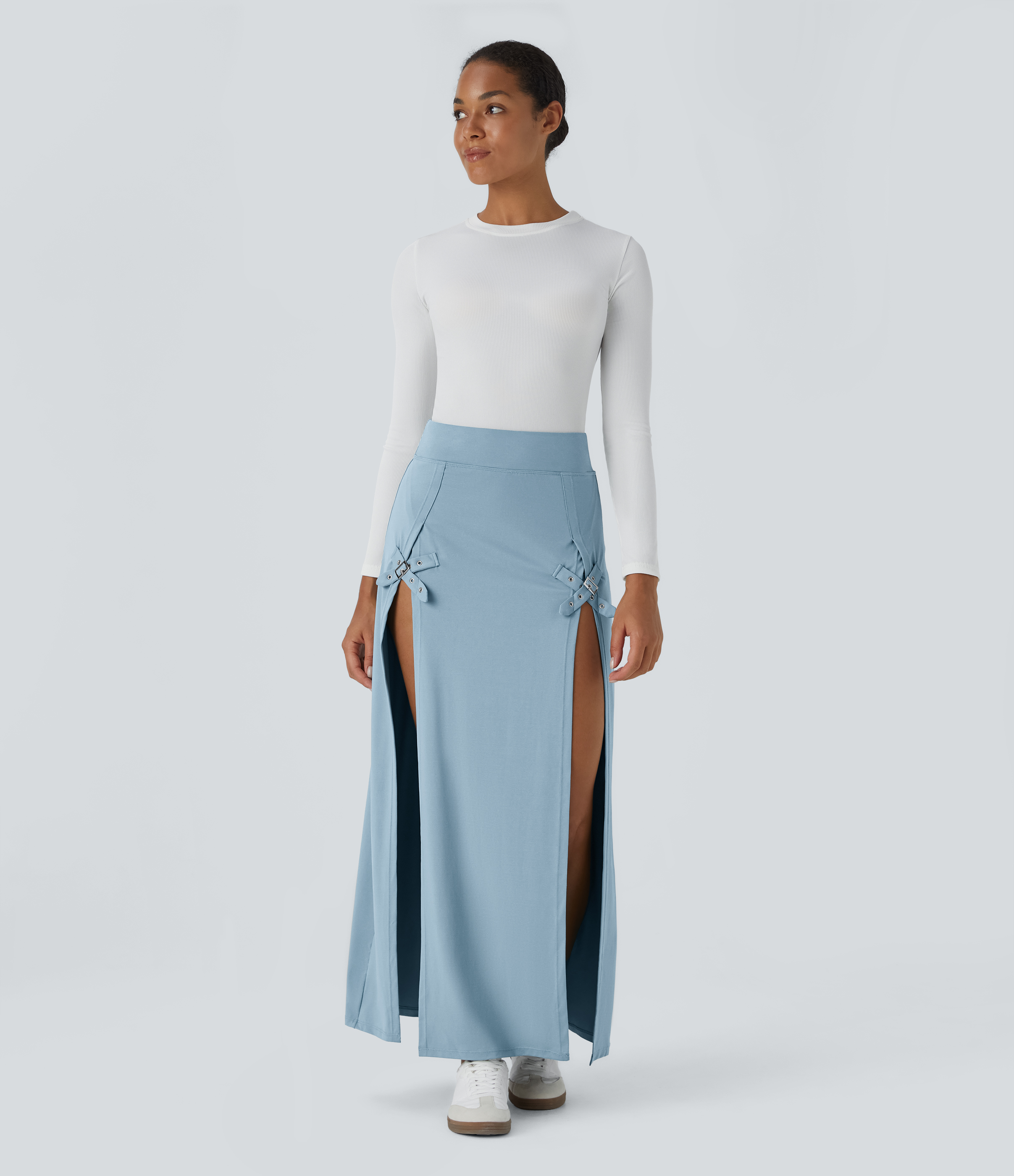 Halara High Waisted Decorative Buckle Split 2-in-1 Maxi Casual Skirt  - Moon ice blue - XS(regular) 