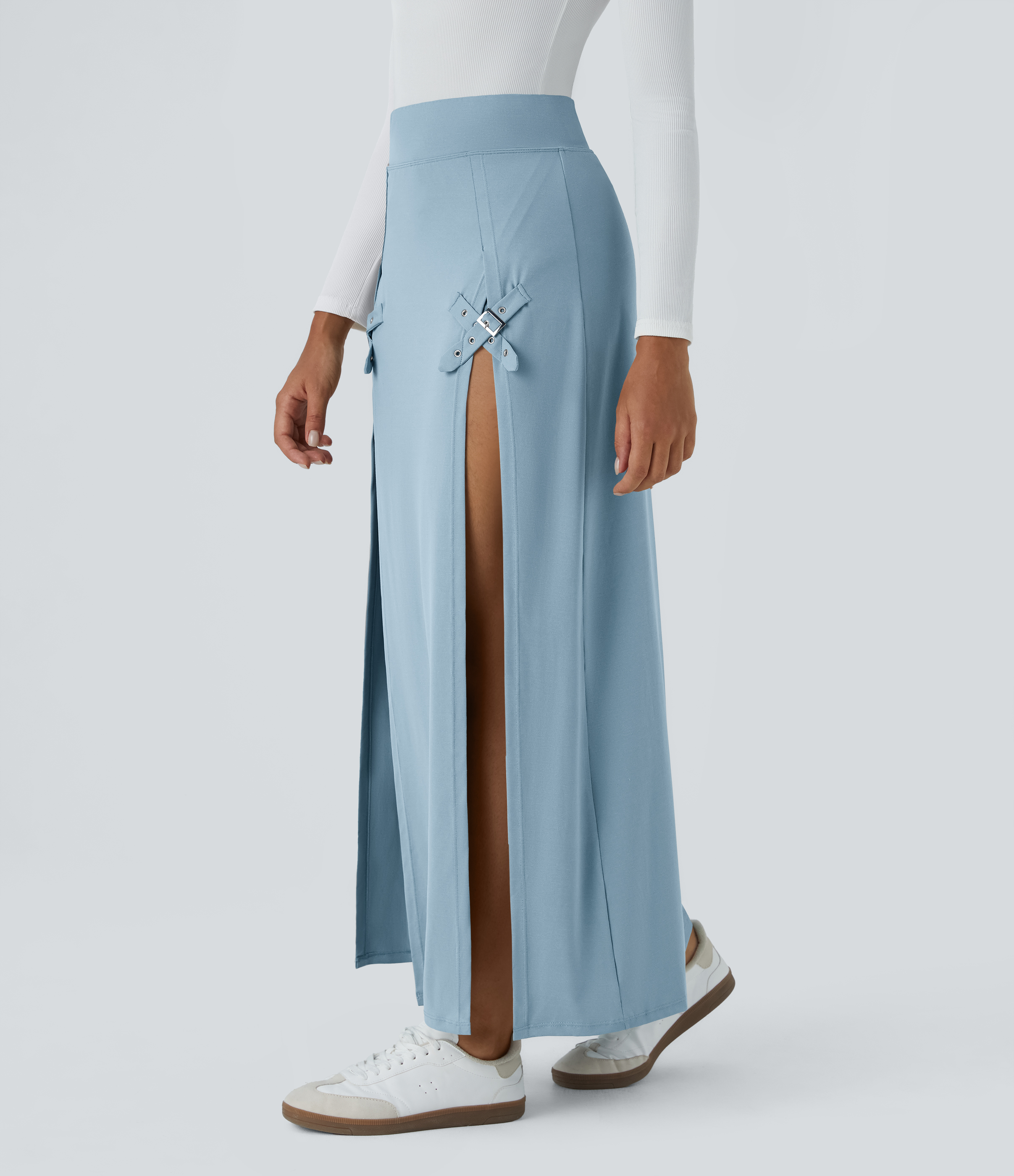 Halara High Waisted Decorative Buckle Split 2-in-1 Maxi Casual Skirt  - Moon ice blue - XS(regular) 
