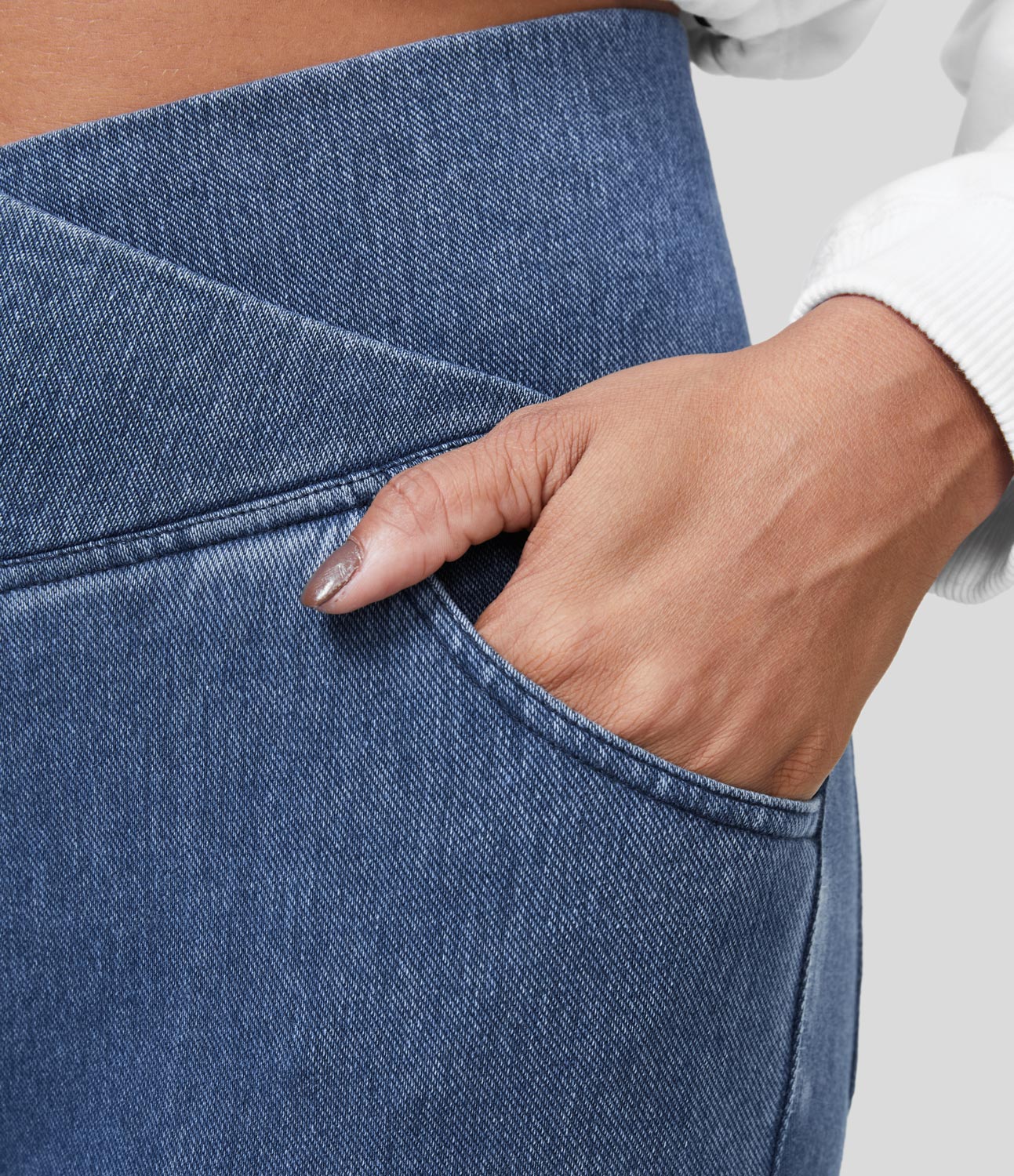 

Halara HalaraMagicв„ў High Waisted Crossover Pocket Washed Stretchy Knit Casual Super Flare Fleece Jeans - Washed Denim Light Blue
