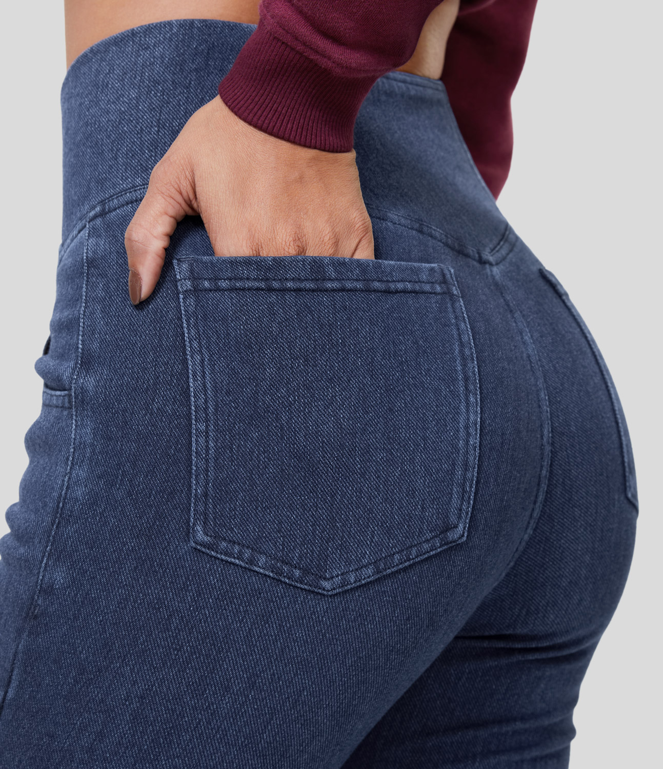 

Halara HalaraMagicв„ў High Waisted Crossover Pocket Washed Stretchy Knit Casual Super Flare Fleece Jeans - Washed Denim Indigo Blue