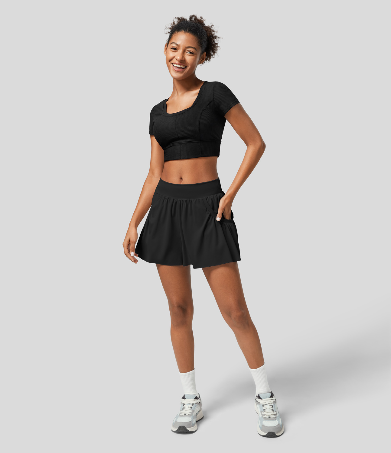 Halara Mid Rise Inside Drawstring Plicated Side Pocket 2-in-1 Yoga Shorts Gym Short - Black - M booty shorts compression shorts yoga shorts 