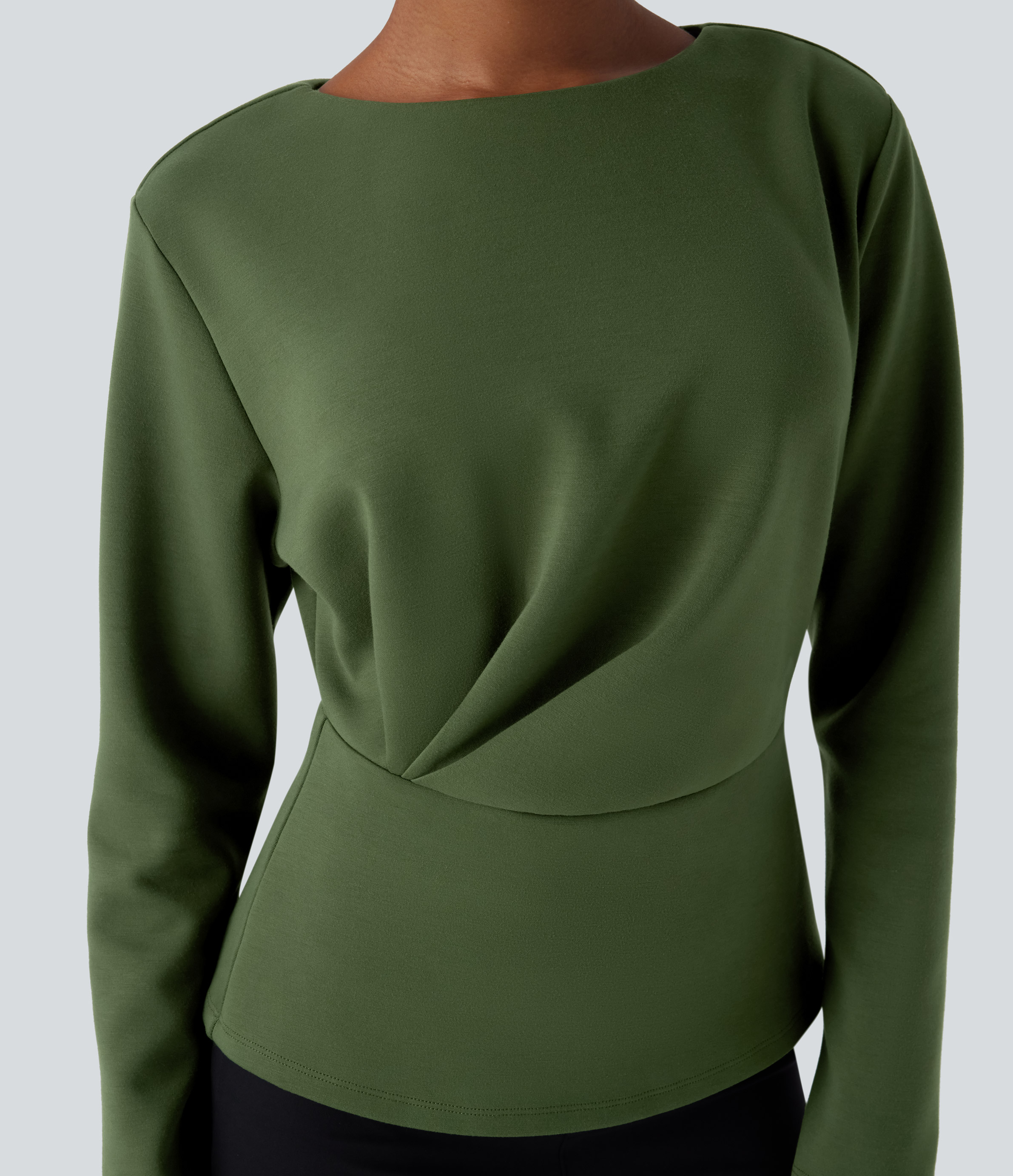 Halara Round Neck Long Sleeve Plicated Relaxed Work Top Tank Top - Bronze Green - M golf tops halter top tunic tops sleeveless tops 