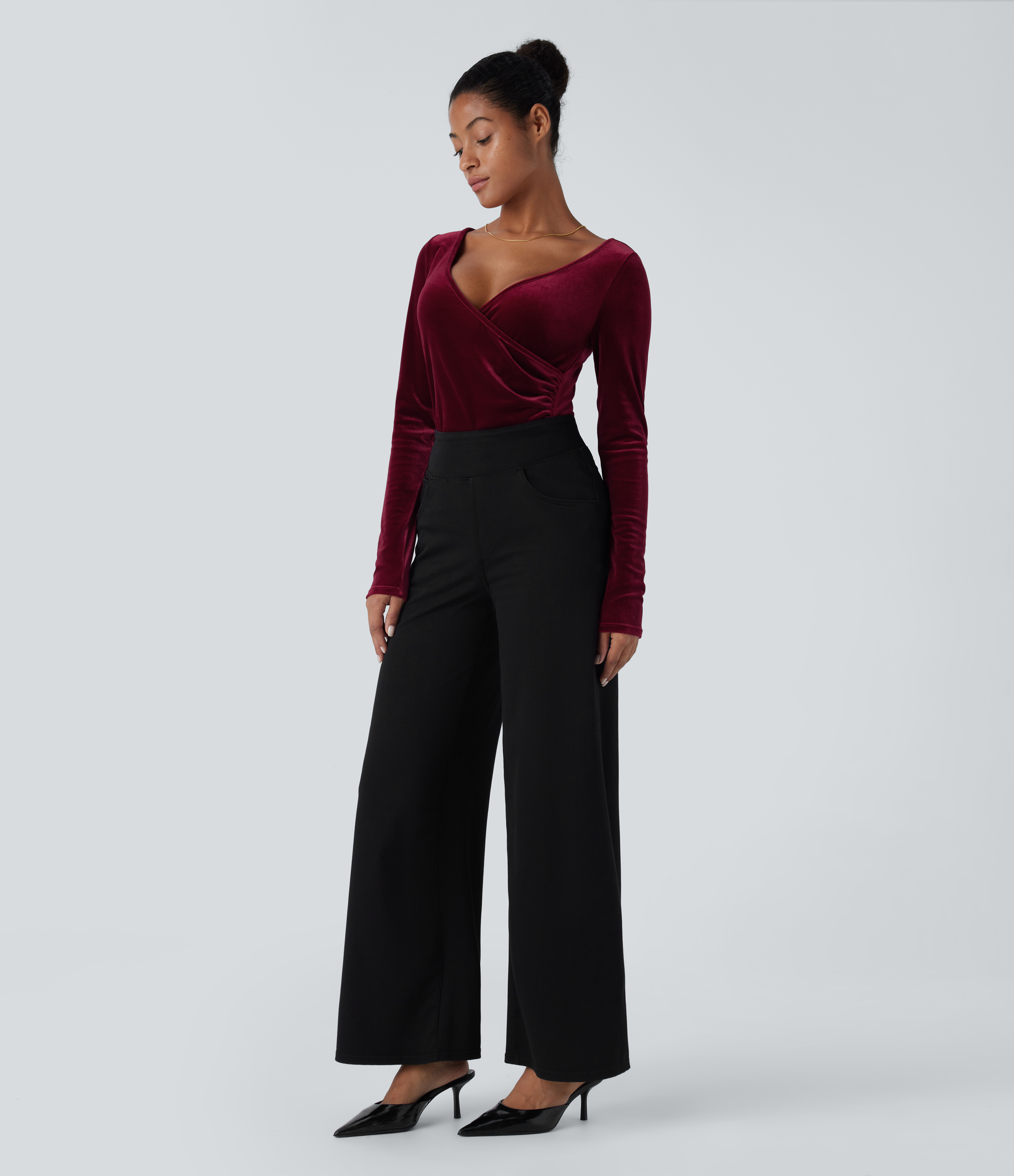 Halara V Neck Long Sleeve Ruched Velvet Casual Top Tank Top - Sangria - XL golf tops halter top tunic tops sleeveless tops backless top 