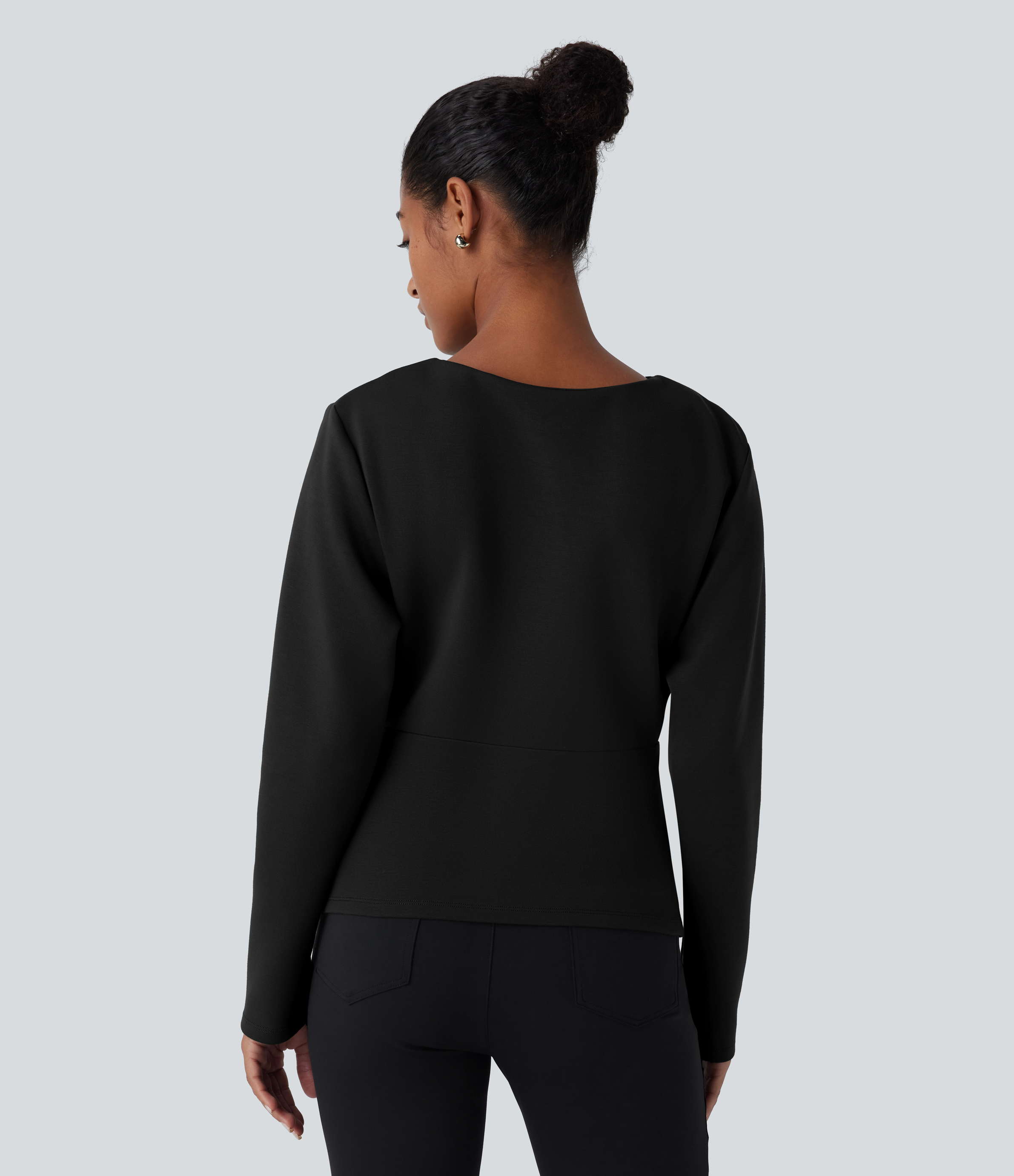 Halara Round Neck Long Sleeve Plicated Relaxed Work Top Tank Top - Black - XS golf tops halter top tunic tops sleeveless tops backless top 