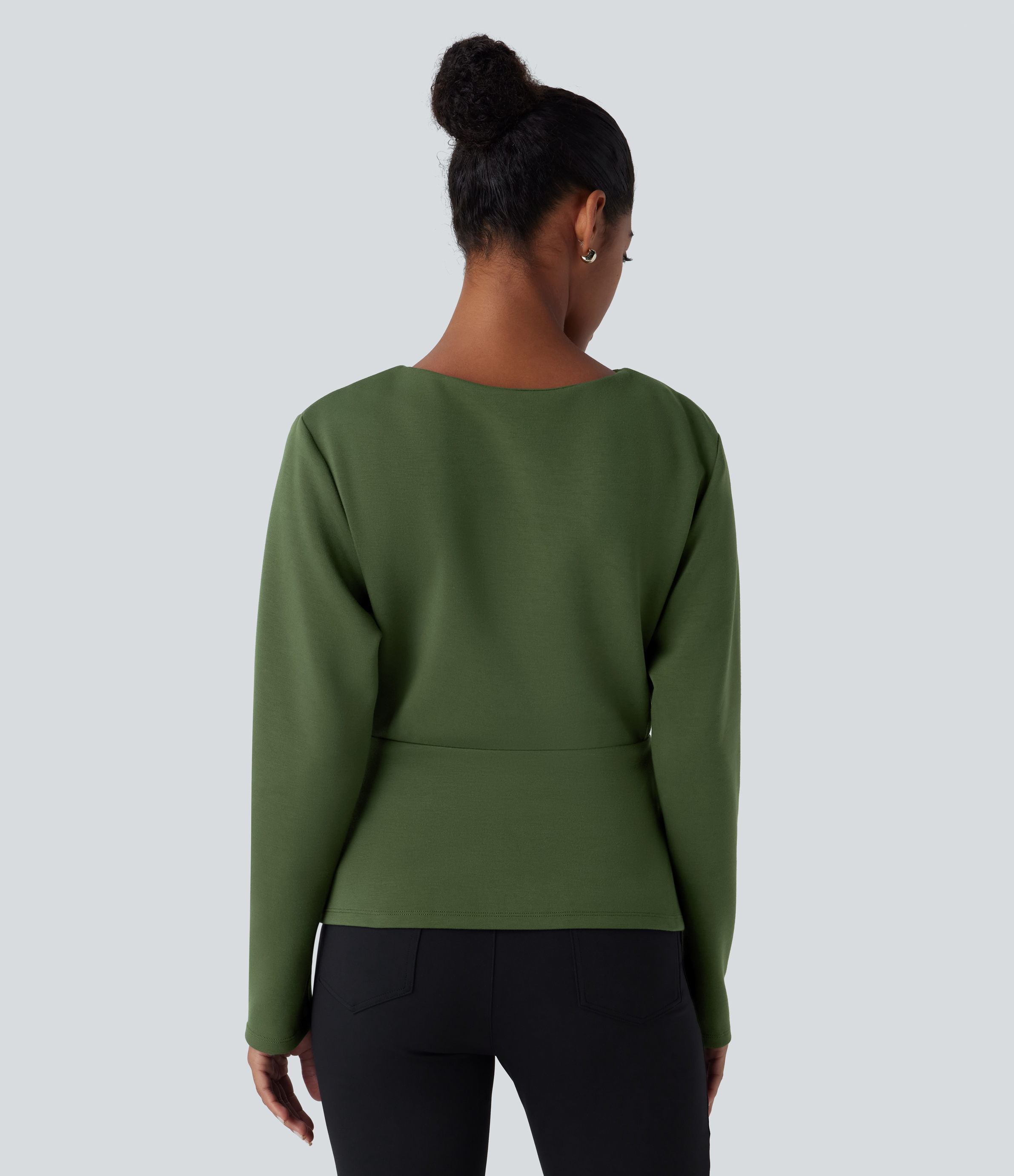Halara Round Neck Long Sleeve Plicated Relaxed Work Top Tank Top - Bronze Green - M golf tops halter top tunic tops sleeveless tops 