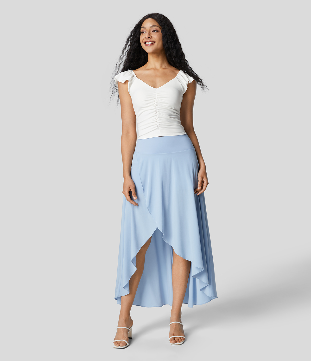 Halara V Neck Ruched Ruffle Short Sleeve Backless Cropped Casual Top Tank Top - White - S golf tops halter top tunic tops sleeveless tops 