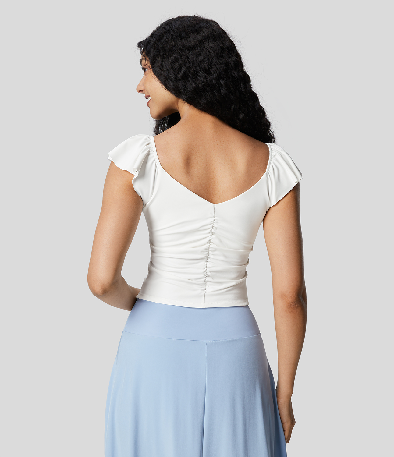 Halara V Neck Ruched Ruffle Short Sleeve Backless Cropped Casual Top Tank Top - White - S golf tops halter top tunic tops sleeveless tops 
