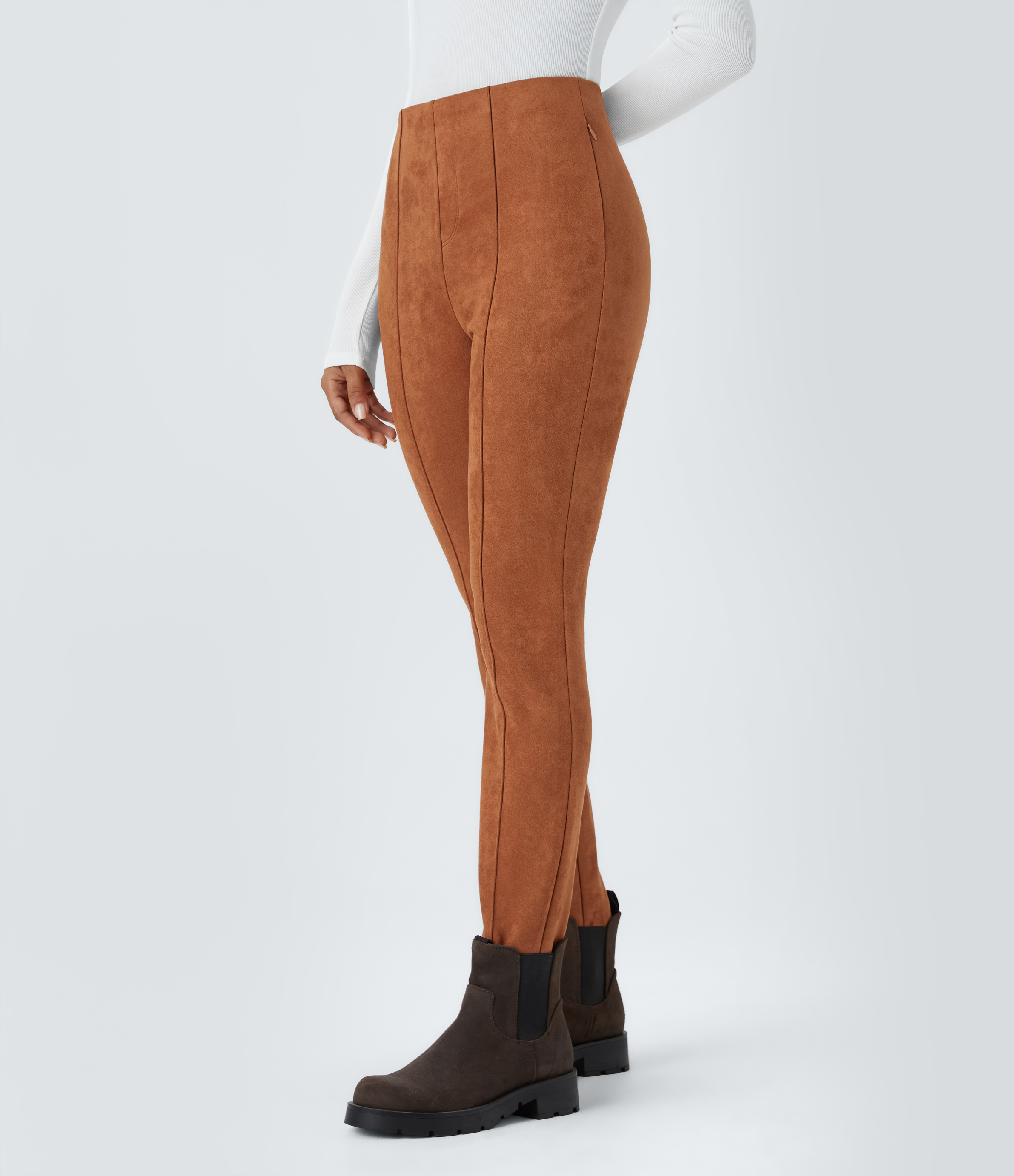Halara High Waisted Side Zipper Pocket Slim Suede Work Pants  - Autumnal - XS(regular) sweatpants jogger pants stacked sweatpants 