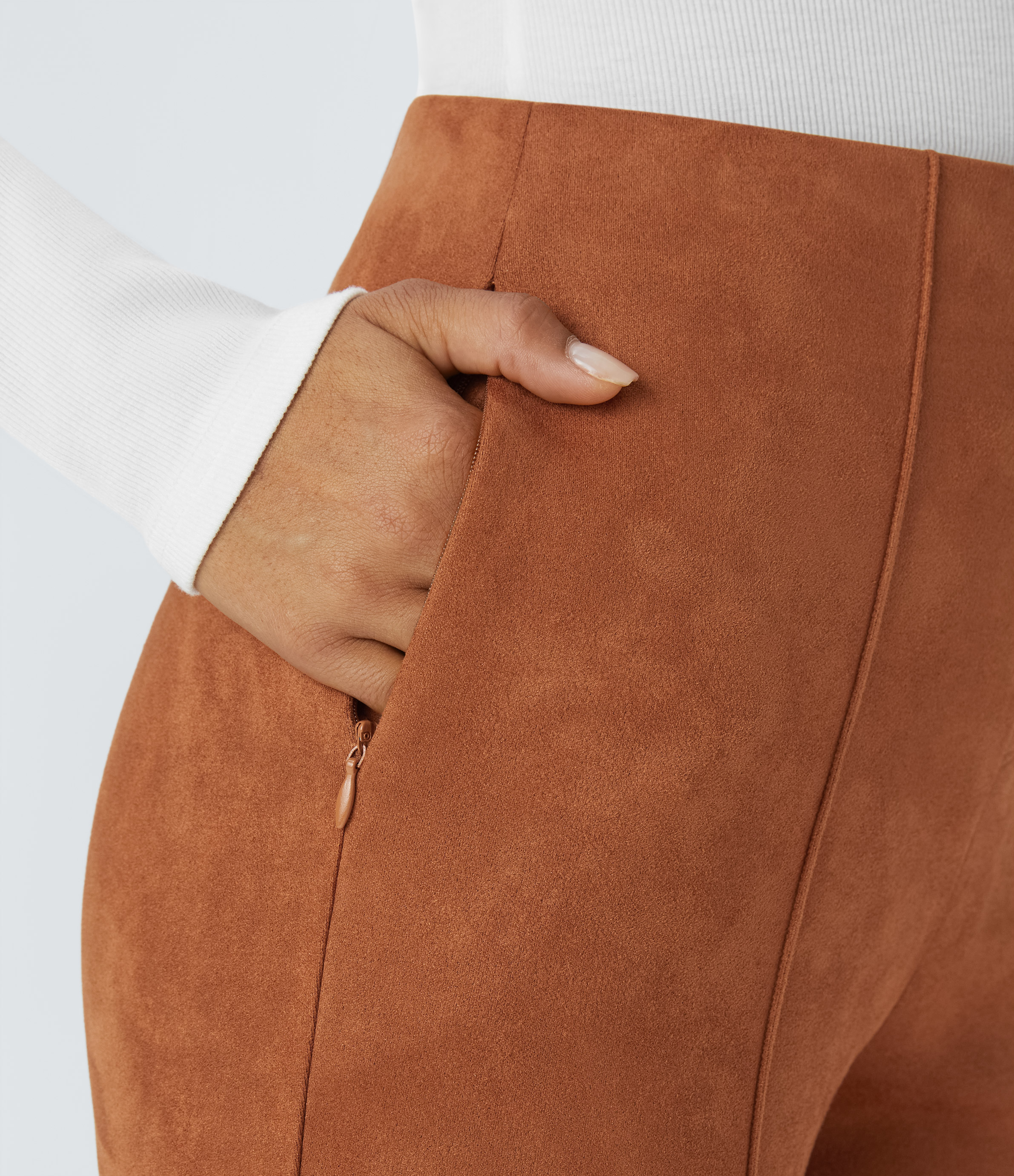 Halara High Waisted Side Zipper Pocket Slim Suede Work Pants  - Autumnal - XS(regular) sweatpants jogger pants stacked sweatpants 