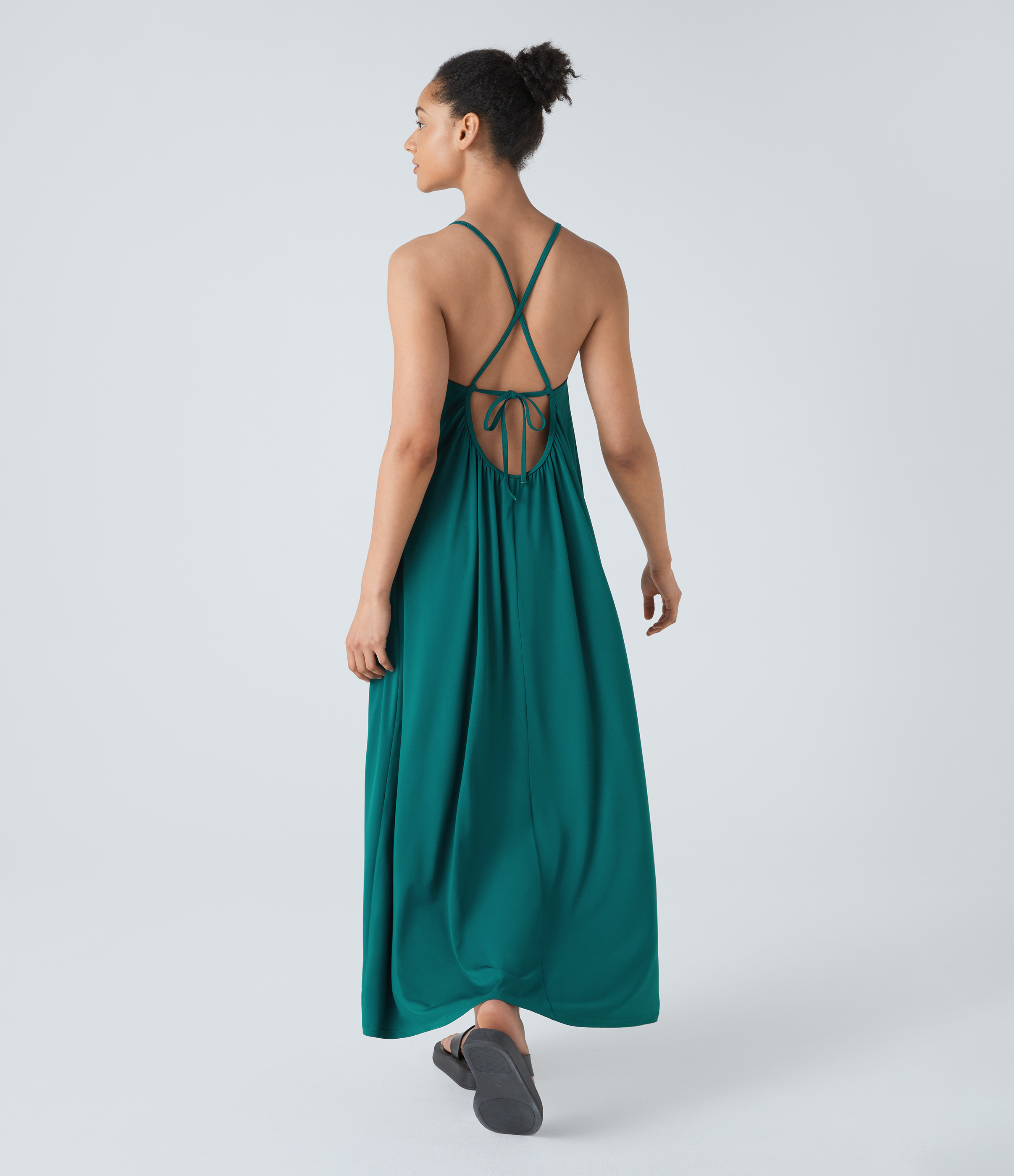 Halara Backless Crisscross Lace Up Plicated Maxi Slip Resort Dress Casual Dress - Turquoise Green - M slip dress beach dress ruched dress 