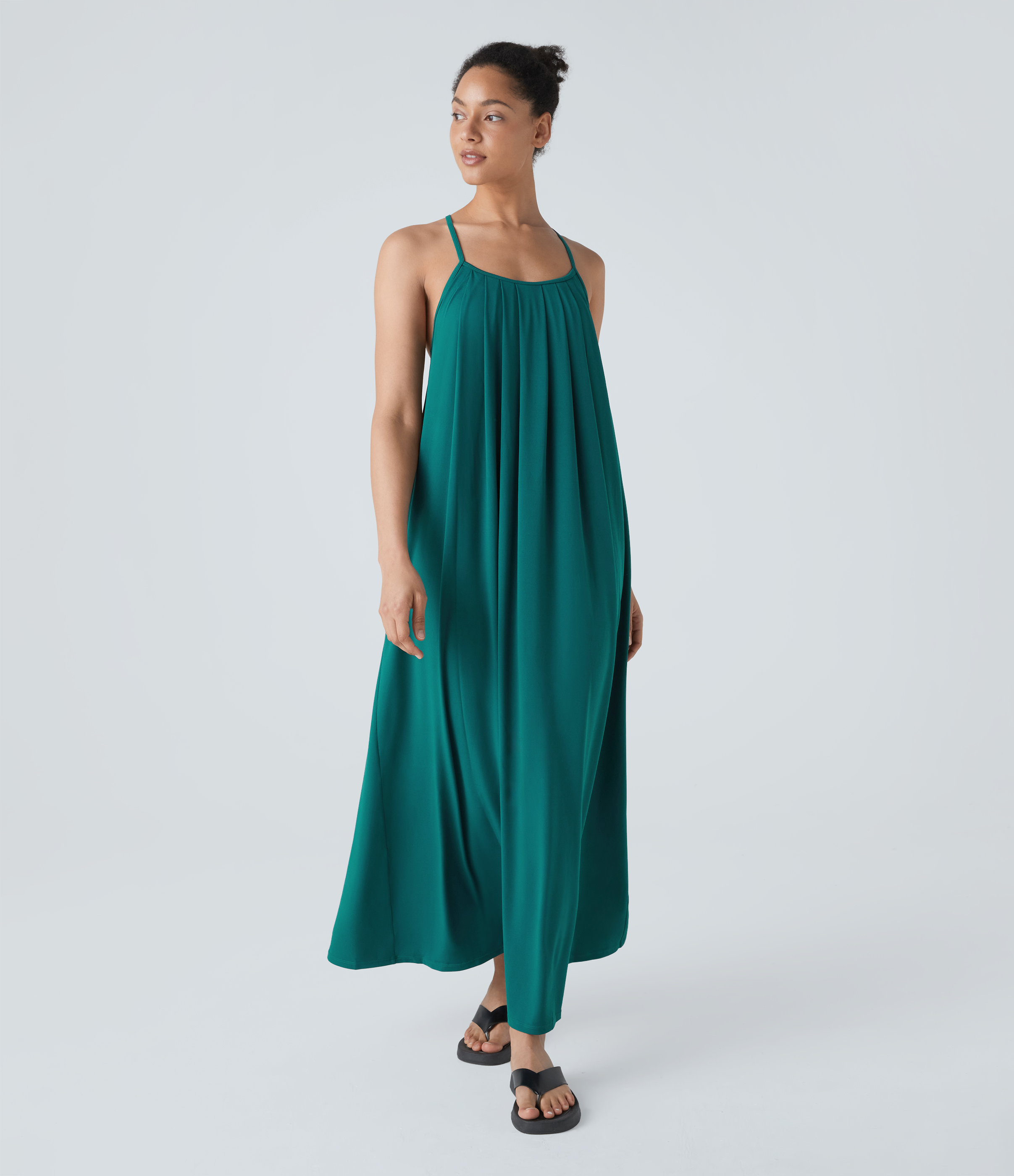 Halara Backless Crisscross Lace Up Plicated Maxi Slip Resort Dress Casual Dress - Turquoise Green - M slip dress beach dress ruched dress 