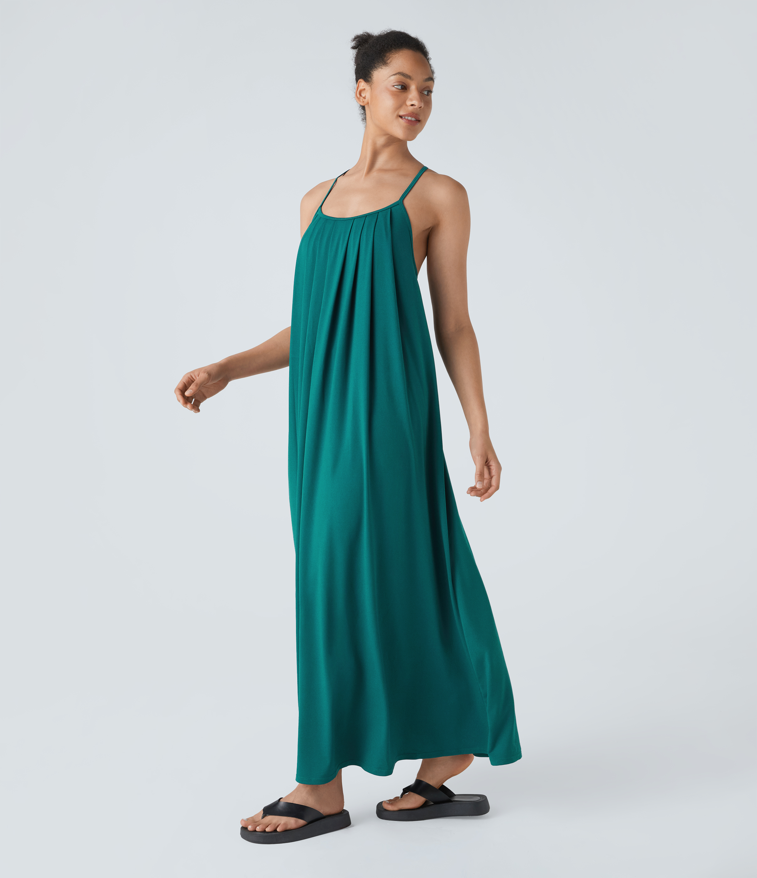 Halara Backless Crisscross Lace Up Plicated Maxi Slip Resort Dress Casual Dress - Turquoise Green - M slip dress beach dress ruched dress 