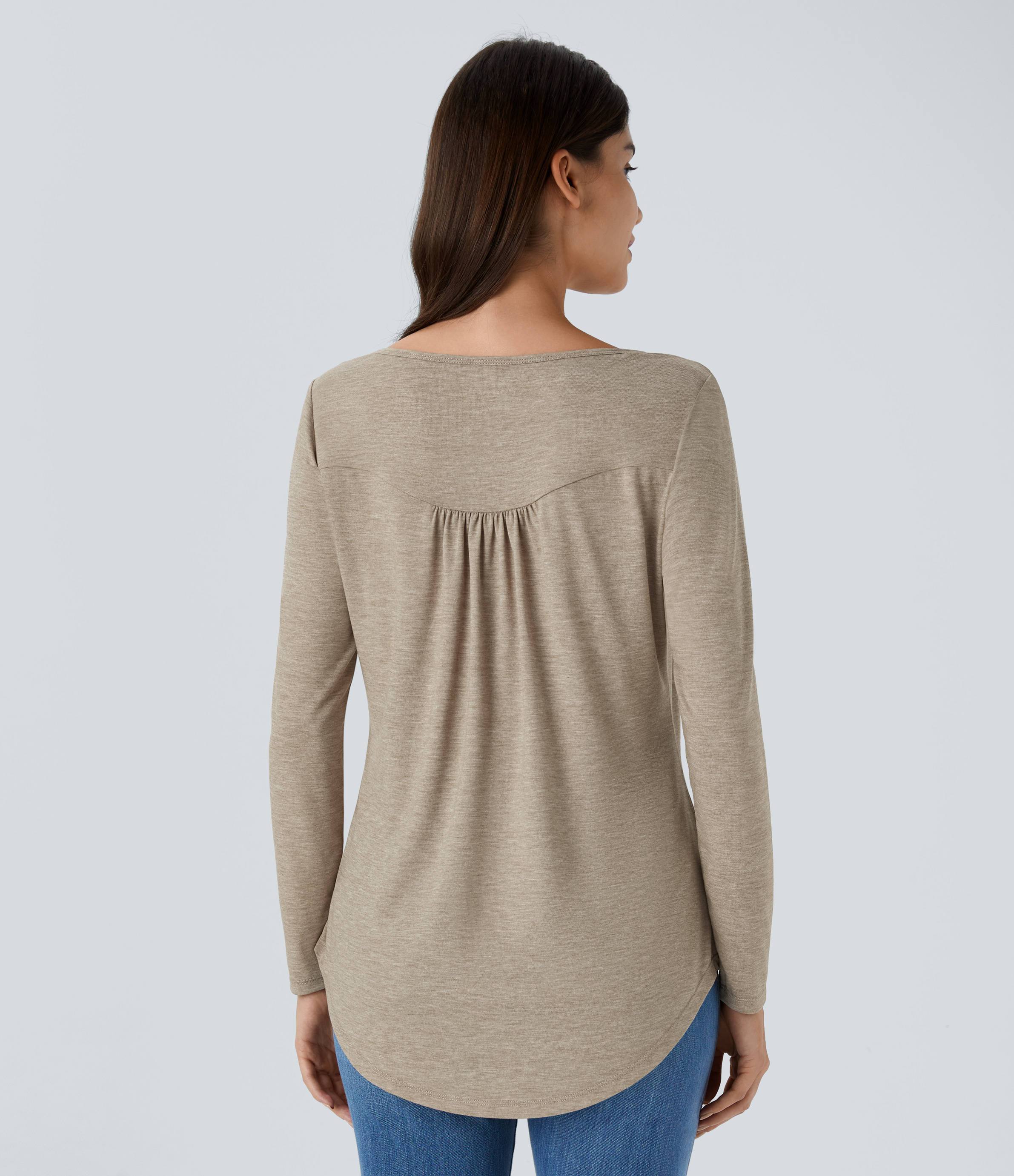 Khaki Floral Yarn Langarm-Freizeit-Top mit Rundhalsausschnitt und abgerundetem Saum / 2