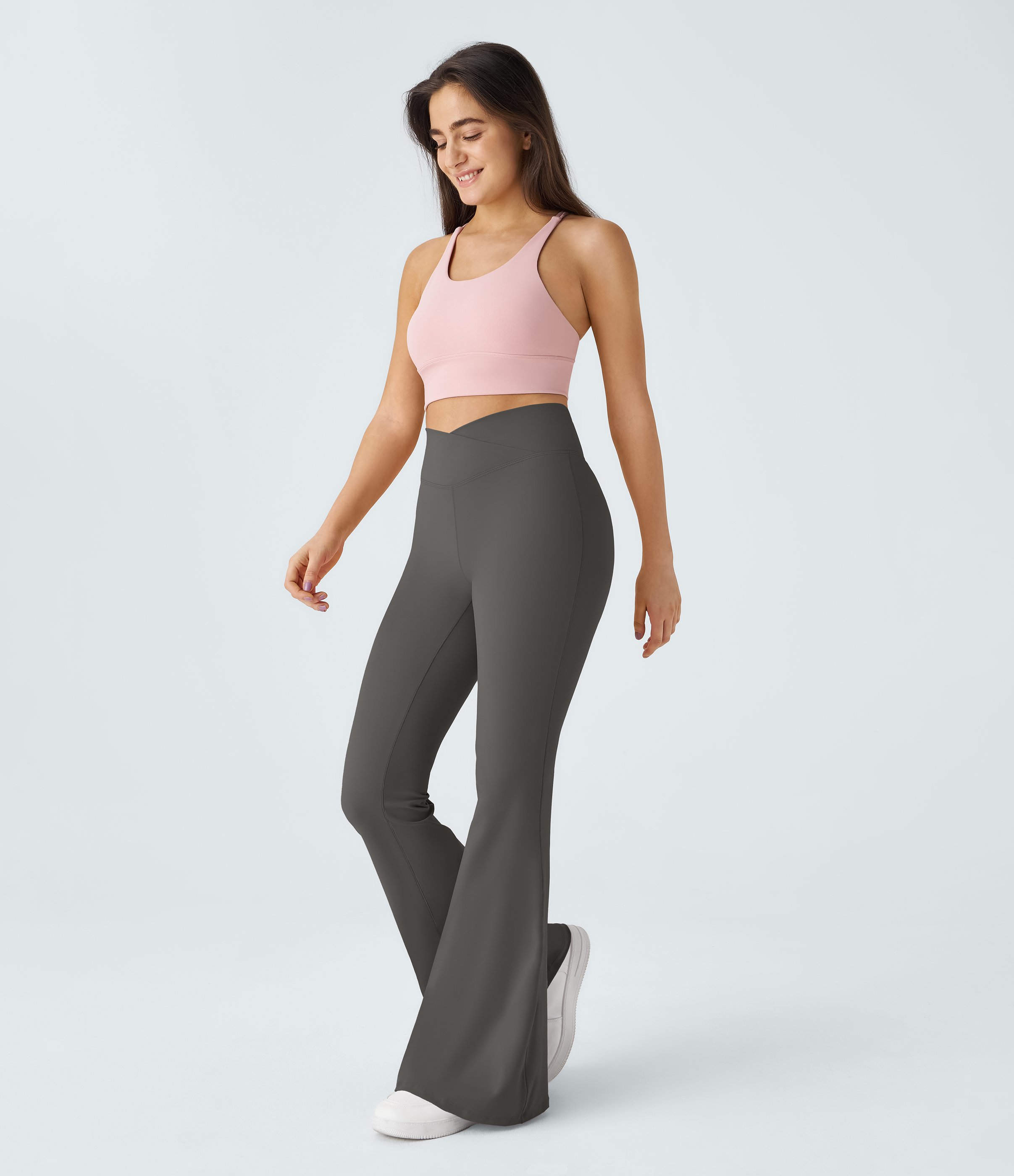 Halara Crossover High Waisted Back Pocket Super Flare Leggings  - Brushed Nickel - XS(petite) gym leggings leggings with pockets 