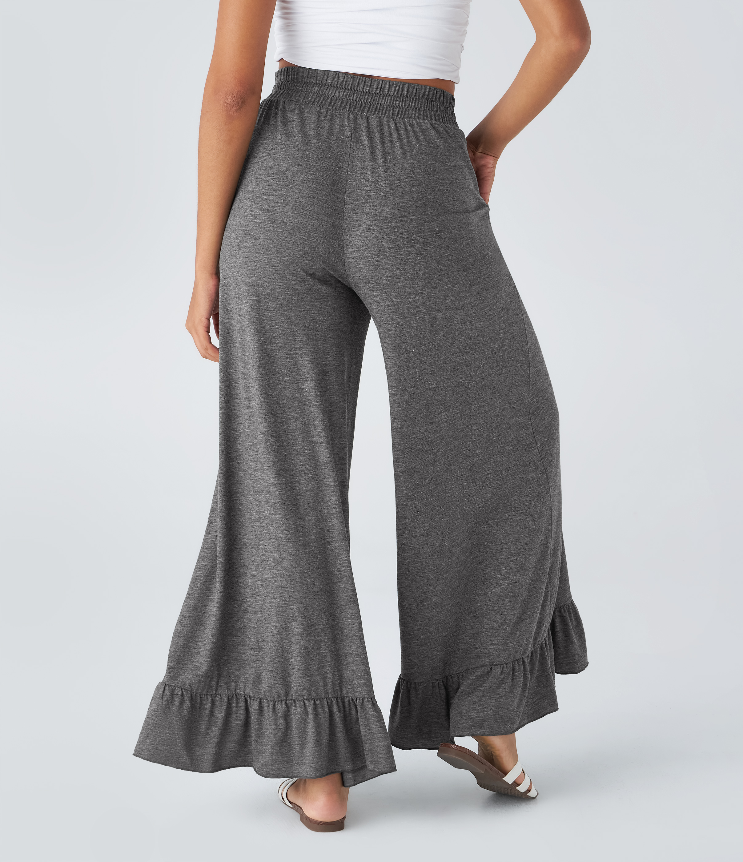 Halara High Waisted Drawstring Side Pocket Ruffle Wide Leg Casual Pants  - Darl Gray Floral Yarn - XL(regular) sweatpants jogger pants 