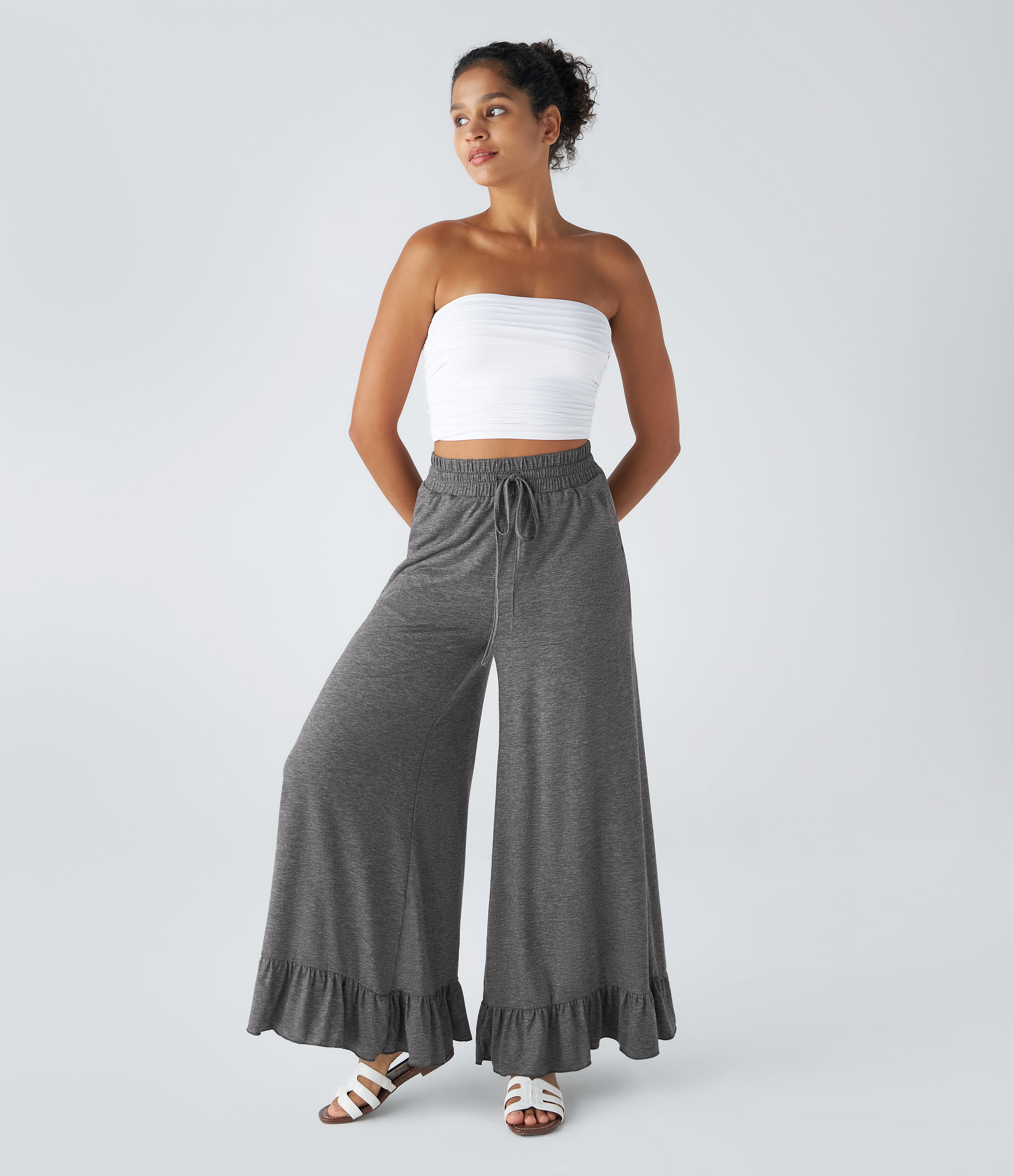 Halara High Waisted Drawstring Side Pocket Ruffle Wide Leg Casual Pants  - Darl Gray Floral Yarn - XL(regular) sweatpants jogger pants 
