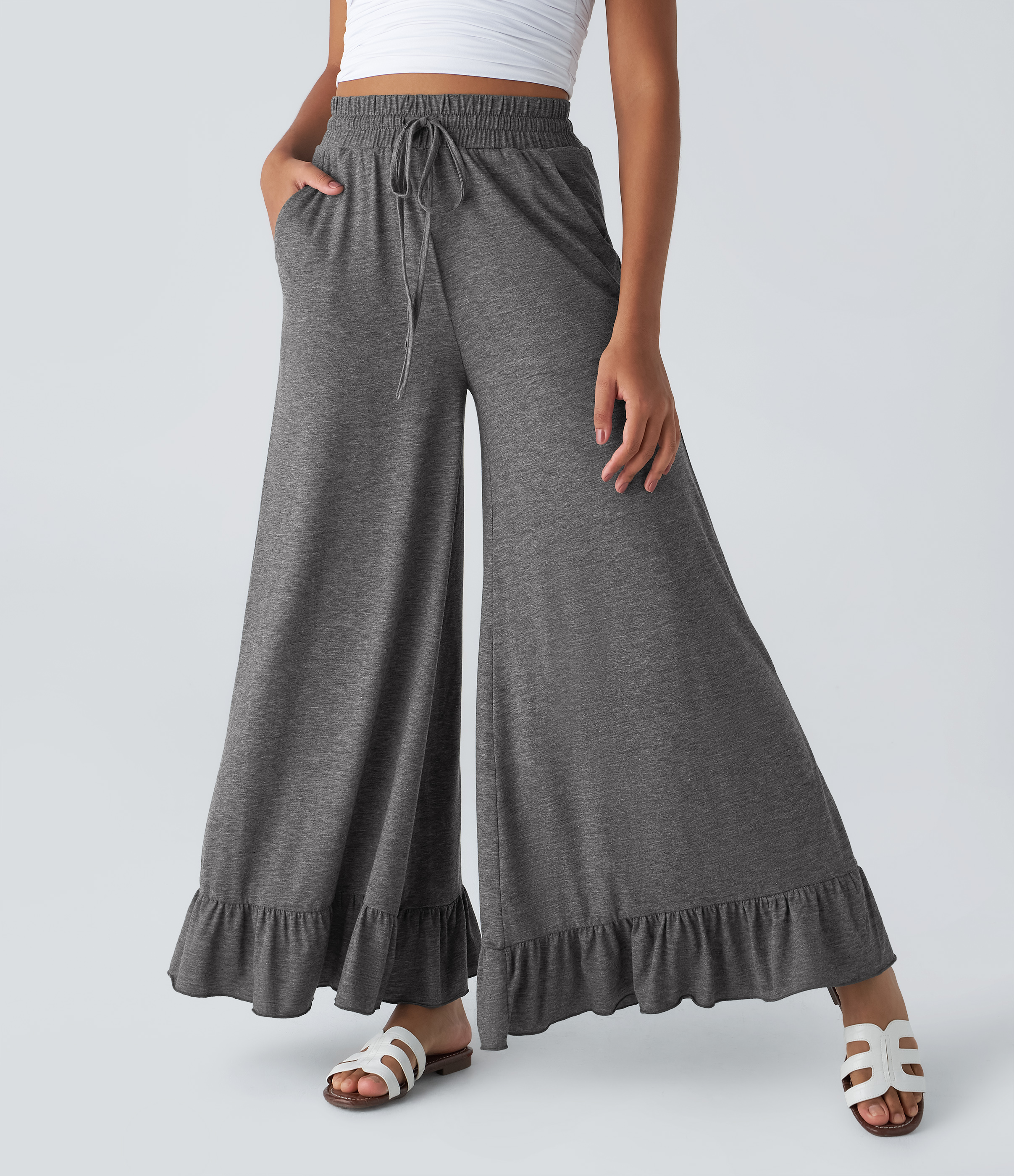 Halara High Waisted Drawstring Side Pocket Ruffle Wide Leg Casual Pants  - Darl Gray Floral Yarn - XL(regular) sweatpants jogger pants 