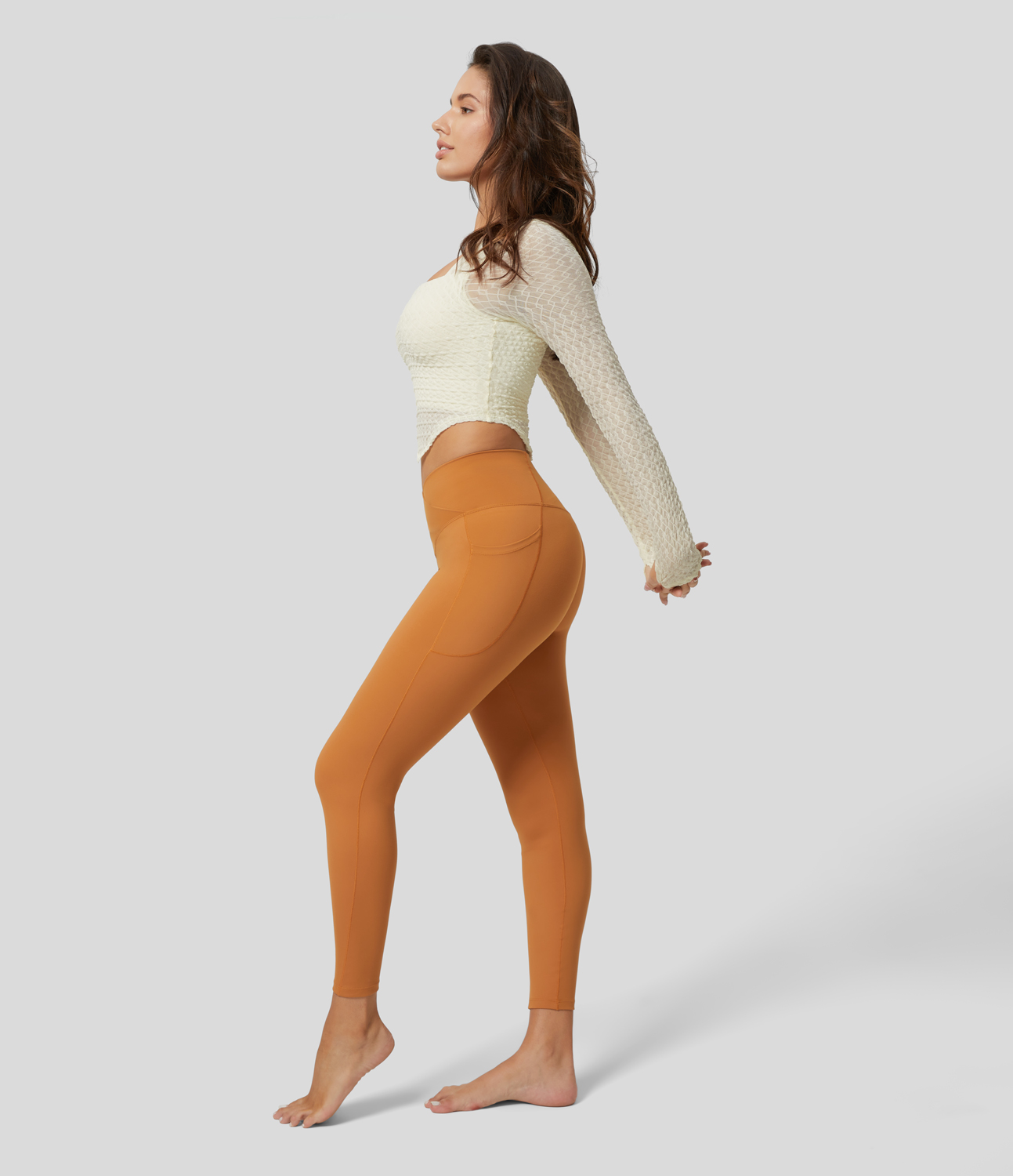 Halara Square Neck Long Sleeve Thumb Hole Curved Hem Contrast Mesh Solid Yoga Sports Top  - Tofu - XS 