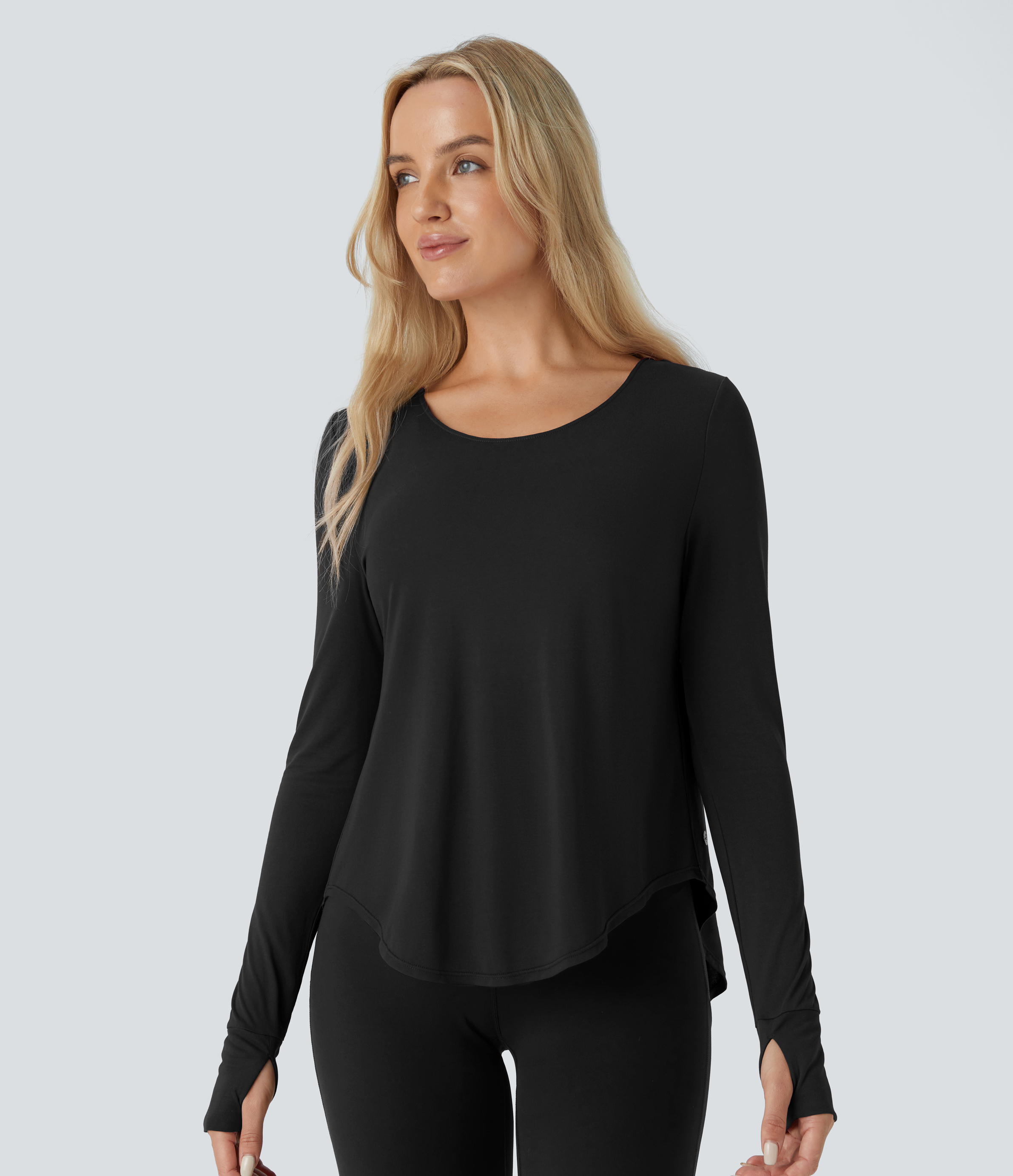 Halara Backless Cowl Back Round Neck Thumb Hole Curved Hem Yoga Sports Top  - Black - XS 