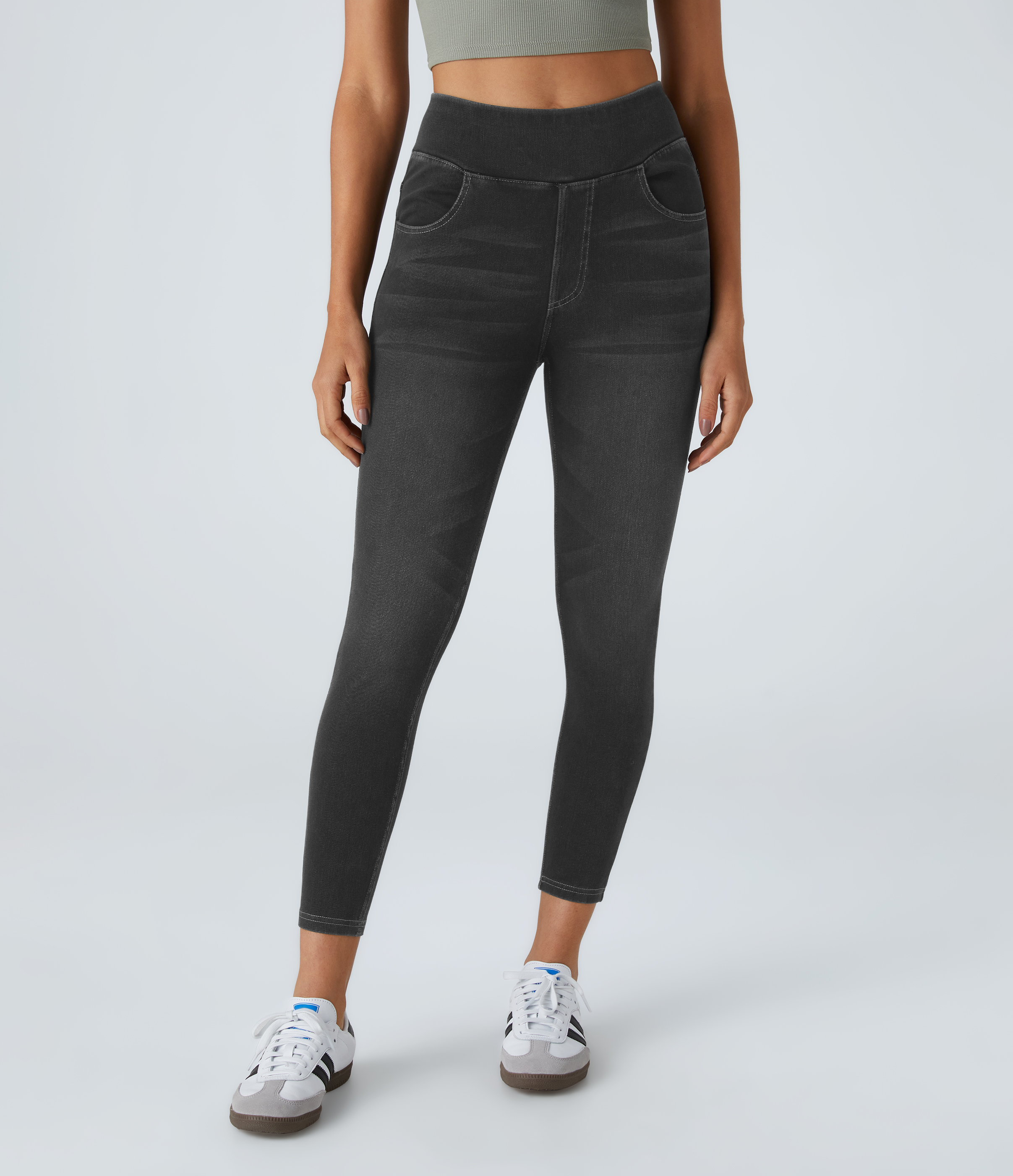 Halara HalaraMagicв„ў High Waisted Back Pocket Stretchy Knit Denim 7/8 Leggings  - Denim Black - S 