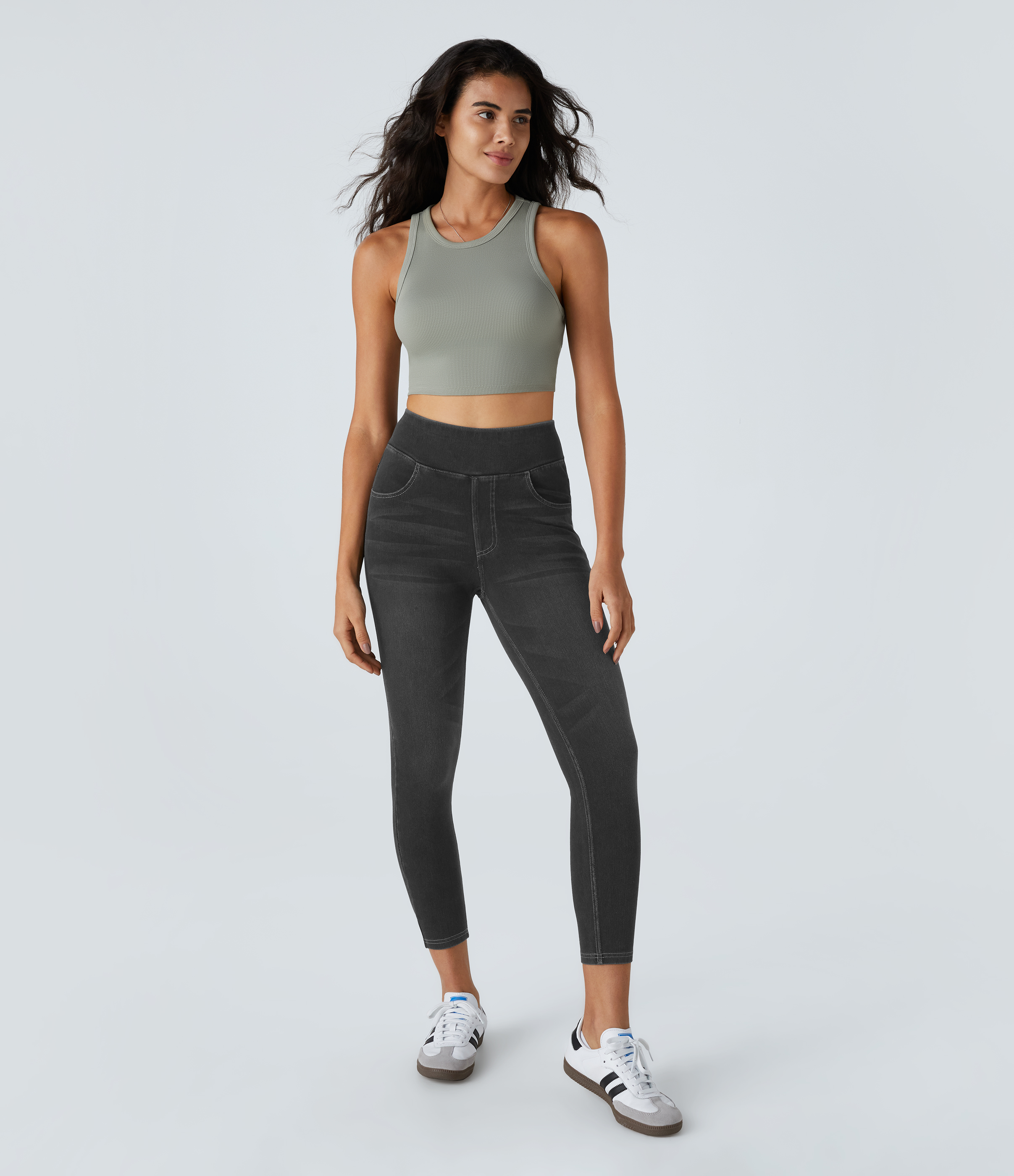 Halara HalaraMagicв„ў High Waisted Back Pocket Stretchy Knit Denim 7/8 Leggings  - Denim Black - S 