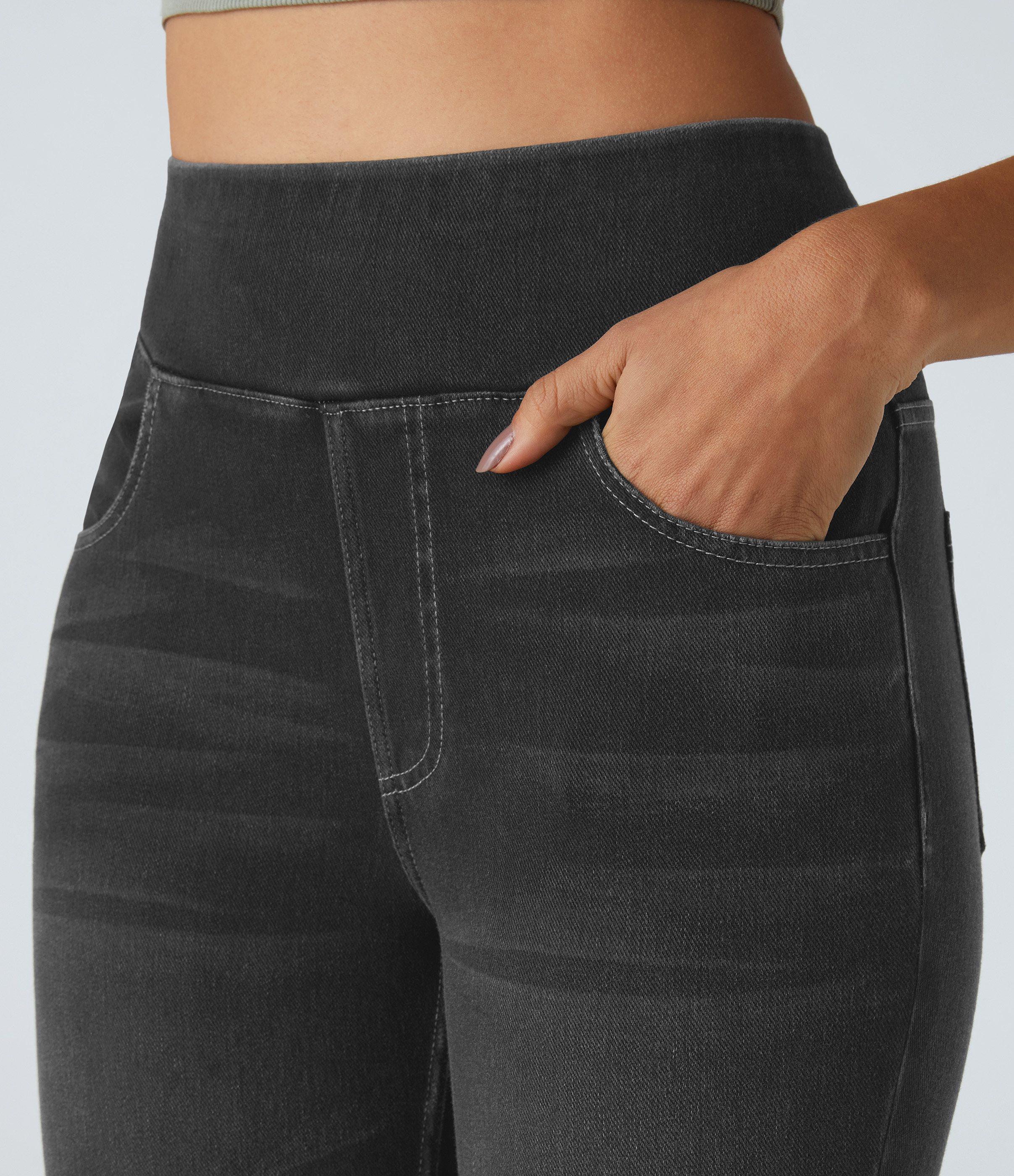 Halara HalaraMagicв„ў High Waisted Back Pocket Stretchy Knit Denim 7/8 Leggings  - Denim Black - S 