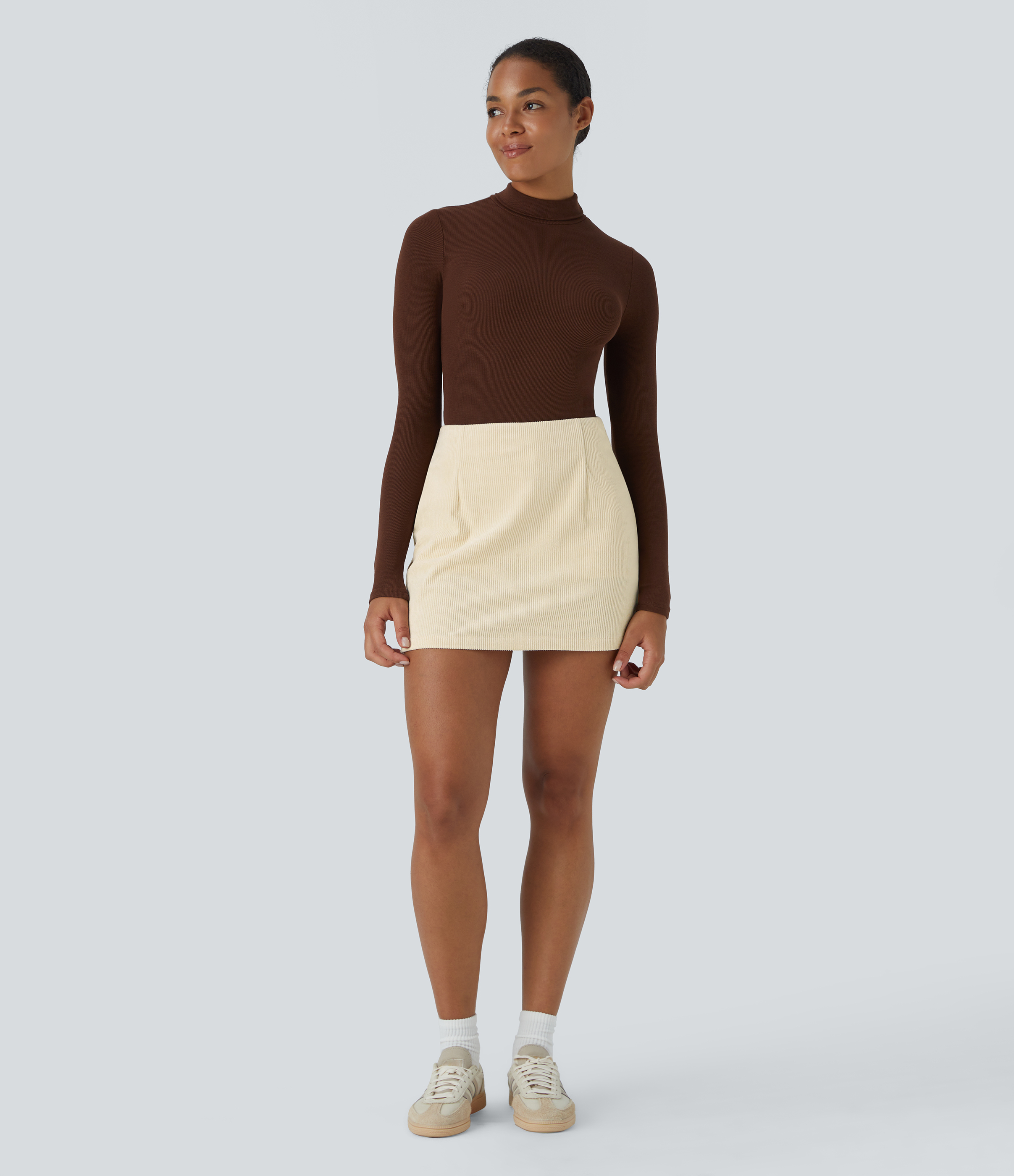 Halara High Waisted Invisible Zipper 2-in-1 A Line Mini Corduroy Casual Skirt  - Vanilla Ice - L(regular) 