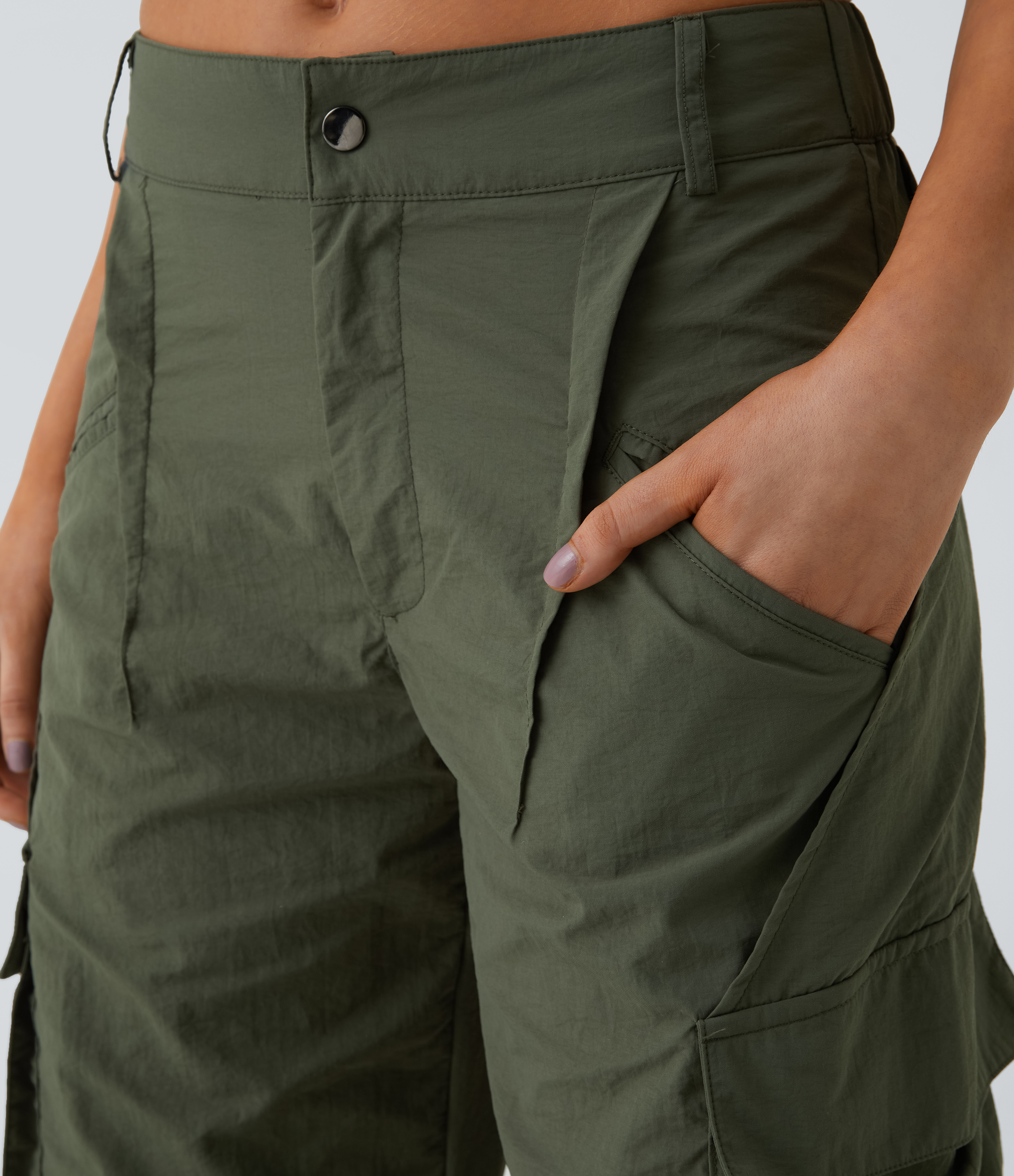Halara Low Rise Button Zipper Side Pocket Wide Leg Casual Cargo Pants  - Deep Tea Green - XL(tall) sweatpants jogger pants stacked sweatpants 