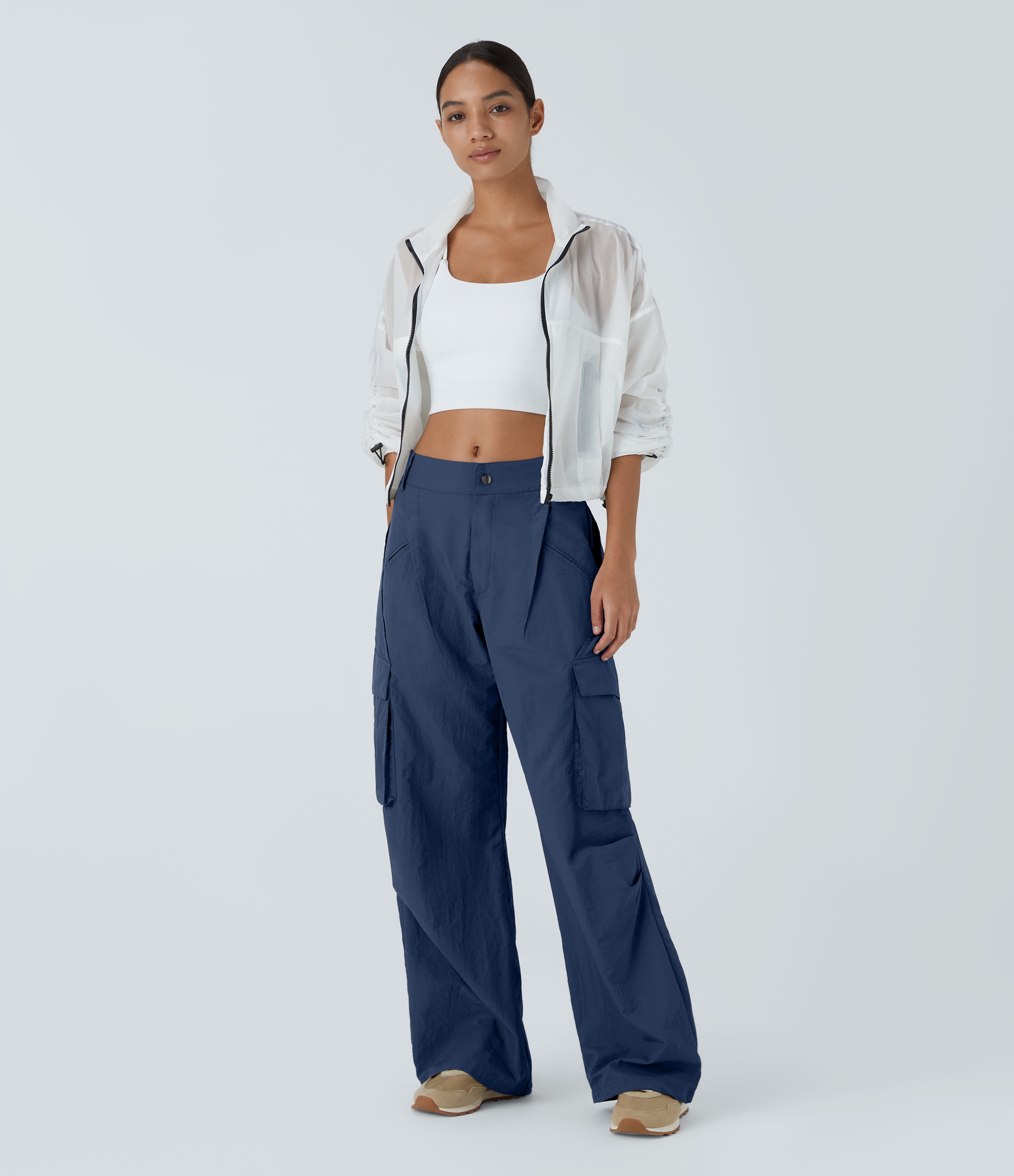 Halara Low Rise Button Zipper Side Pocket Wide Leg Casual Cargo Pants  - Dark Blue - M sweatpants jogger pants stacked sweatpants 