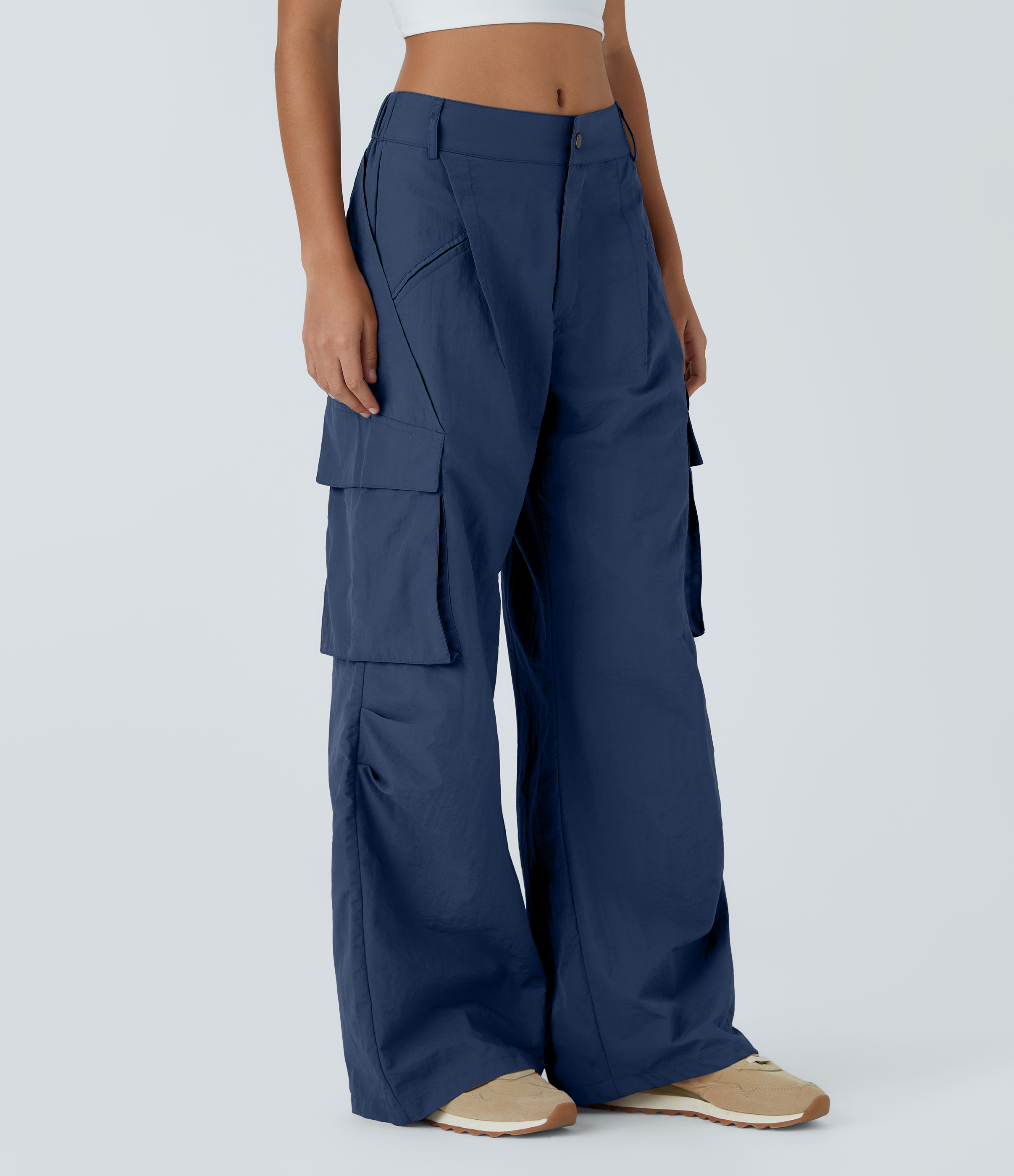 Halara Low Rise Button Zipper Side Pocket Wide Leg Casual Cargo Pants  - Dark Blue - M sweatpants jogger pants stacked sweatpants 